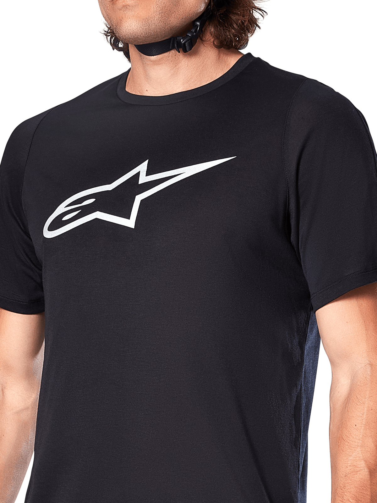 Alpinestars A-Dura Dri Oscar Jersey, Short Sleeve MTB Jersey, Black Reflective, featuring a large white Alpinestars logo on the chest, technical moisture-wicking fabric for mountain biking