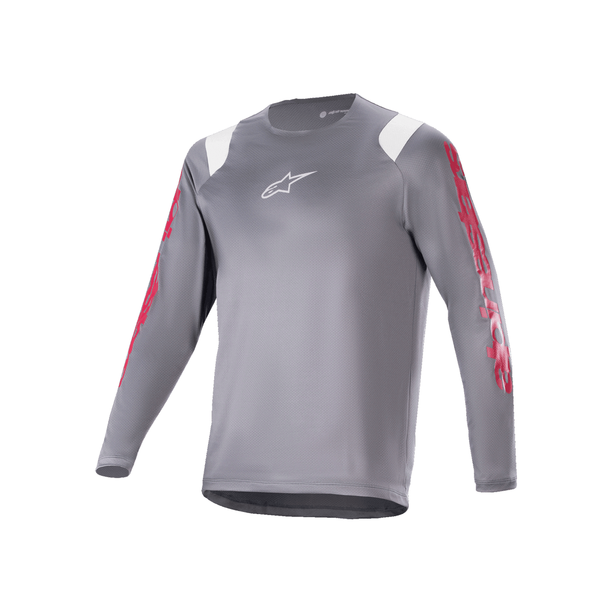 Alpinestars A-Supra Astar Langarmtrikot, dunkelgraues MTB-Trikot mit roten Grafiken an den Ärmeln und weißen Schulterakzenten, weißem Astars-Logo auf der Brust, Performance-Radbekleidung für Mountainbiking