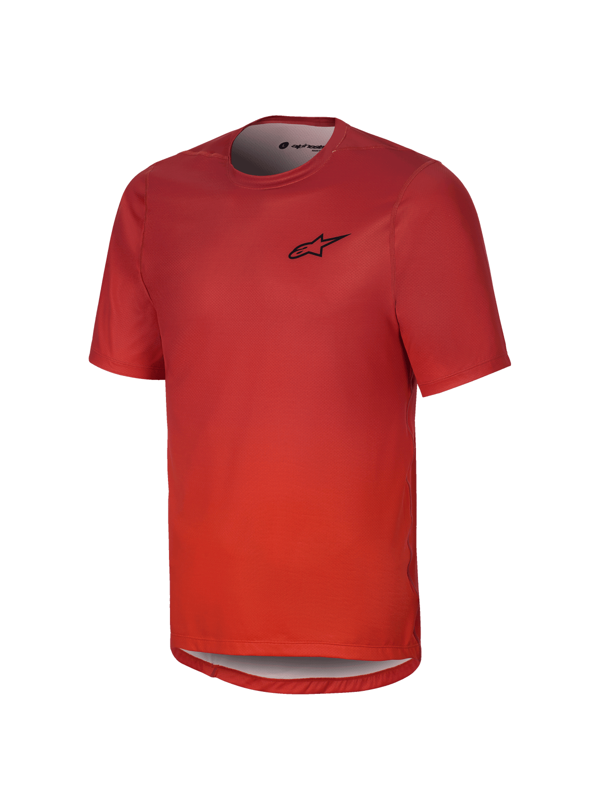 Alpinestars Youth A-Dura Rise Kurzarmtrikot, Spicy Orange, mit schwarzem Brustlogo, Rundhalsausschnitt und verlängertem Rückensaum, atmungsaktives Jacquard-Gewebe für Mountainbiking