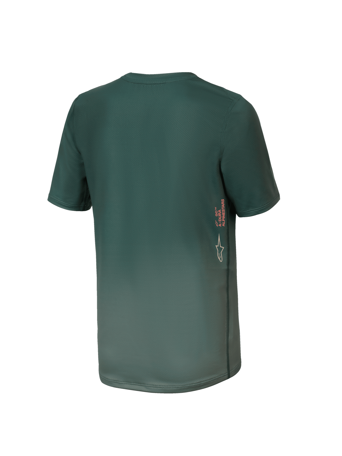 Alpinestars Youth A-Dura Rise Kurzarm-MTB-Trikot, Silver Pine Grün, Rückansicht mit vertikalem A-DURA- und Astars-Logo-Branding an der Seite, verlängertem Saum, technisches feuchtigkeitsableitendes Gewebe.