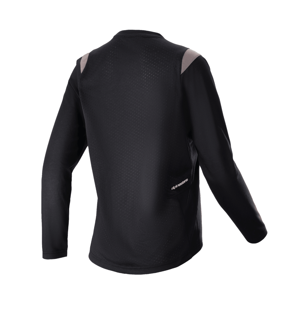 Alpinestars Women Stella Alps Escape Long Sleeve Jersey, Black with grey shoulder accents, rear view showing perforated mesh back panel for ventilation and small Alpinestars logo, mountain bike cycling gear
