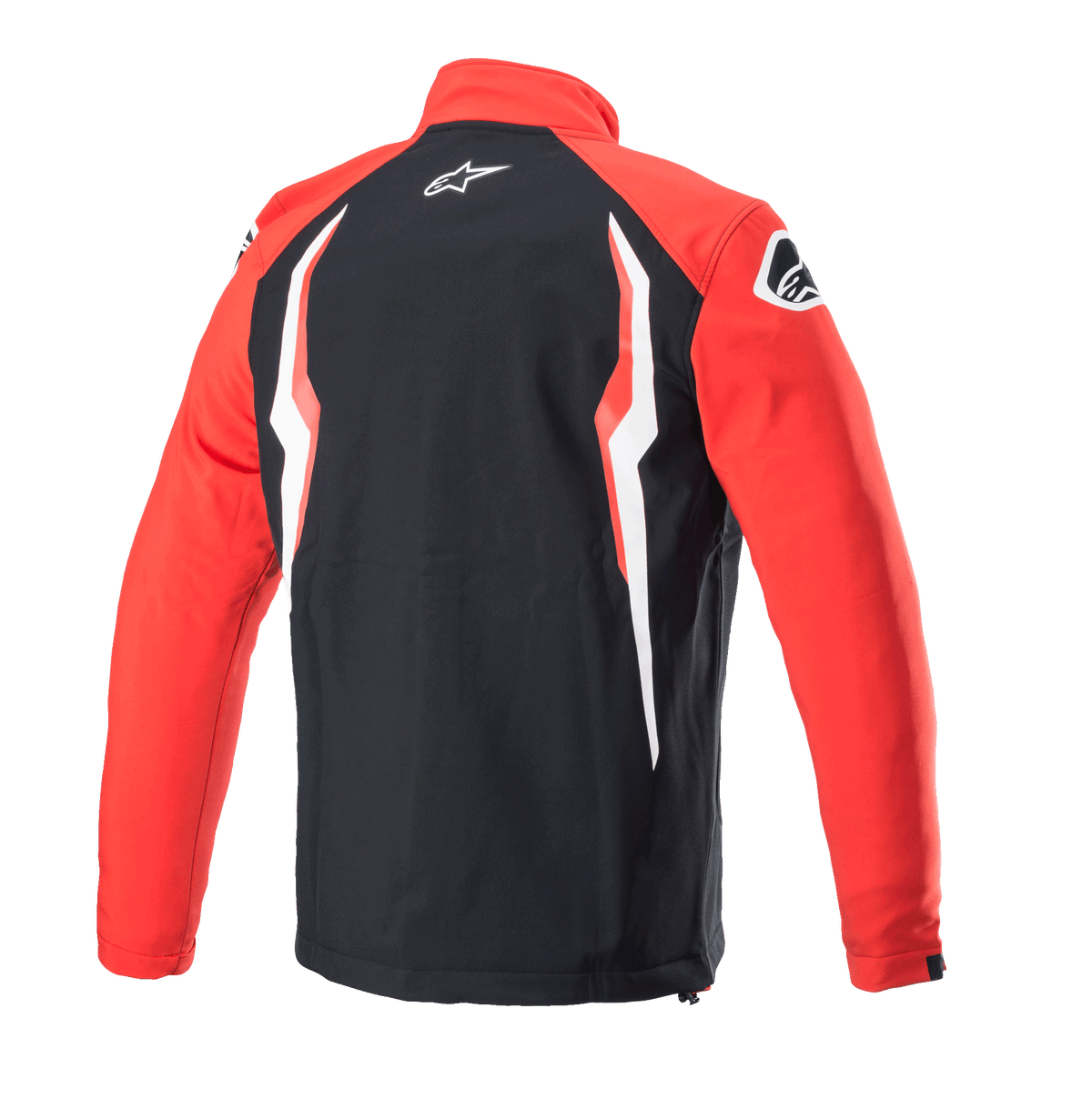 Alpinestars Honda Softshell-Jacke, Rot und Schwarz, Rückansicht mit schwarzer Mittelpartie und roten Ärmeln, weiße und rote Kontrastgrafiken, Alpinestars-Logo an Nacken und Schulter, sportliches, vom Motorsport inspiriertes Softshell-Design