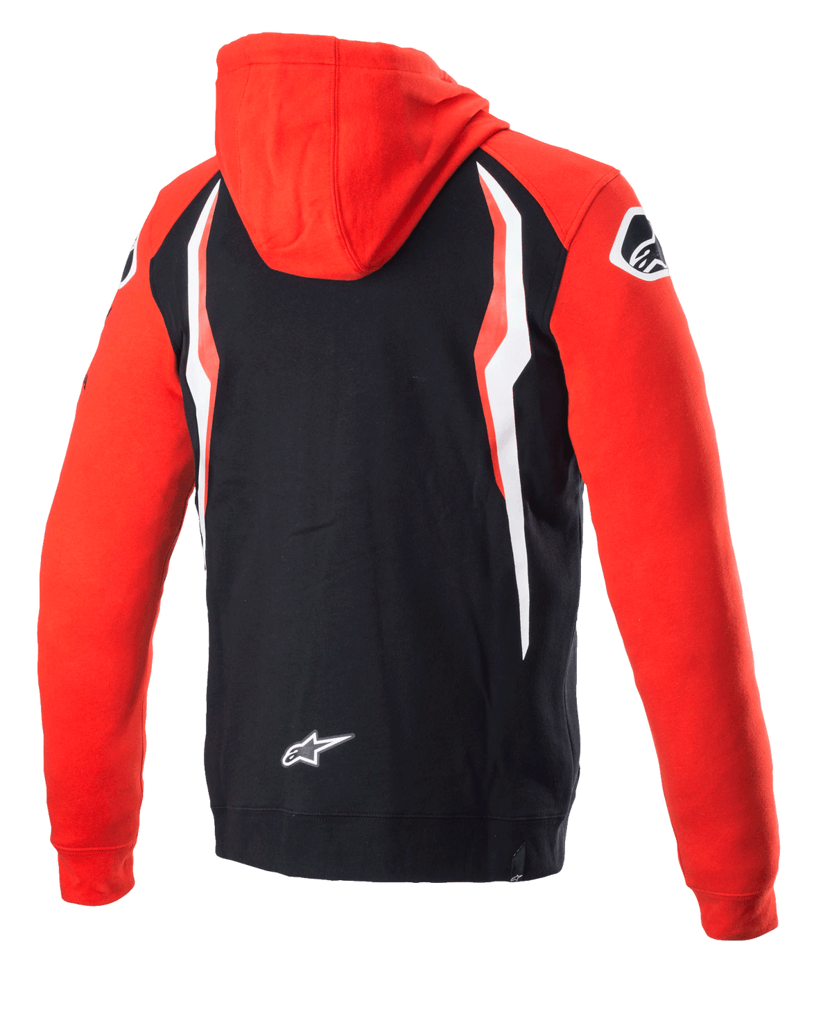Alpinestars Honda Zip Hoodie, Red and Black, Rear View, Co-branded fleece with red hood and sleeves, black back with white and red contrast panels, Alpinestars star logo on the lower back, casual motorsport-inspired streetwear