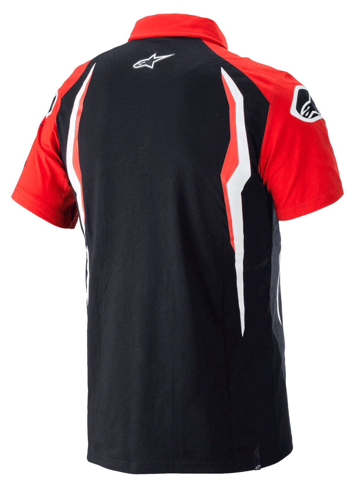 Alpinestars Honda Polo, Short Sleeve Polo Shirt, Red and Black, Rear view featuring contrast side panels and Alpinestars logo on the back, Casual Motorsport Sportswear