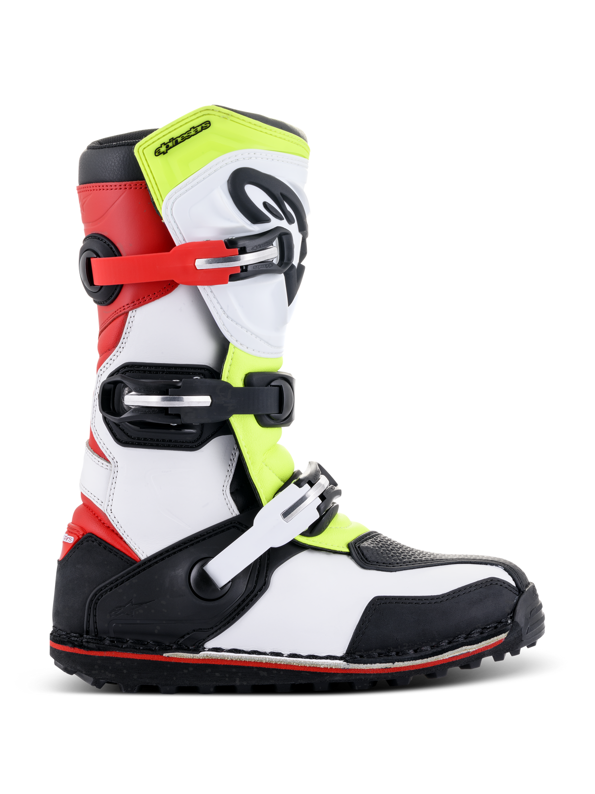 Alpinestars Tech-T Stiefel, Trial-Motorradstiefel, Weiß, Rot, Neongelb und Schwarz, drei verstellbare Schnallenriemen, ergonomischer Schienbeinschutz, robuste schwarze Sohle mit rotem Akzent, konzipiert für Trial-Fahrten im Gelände