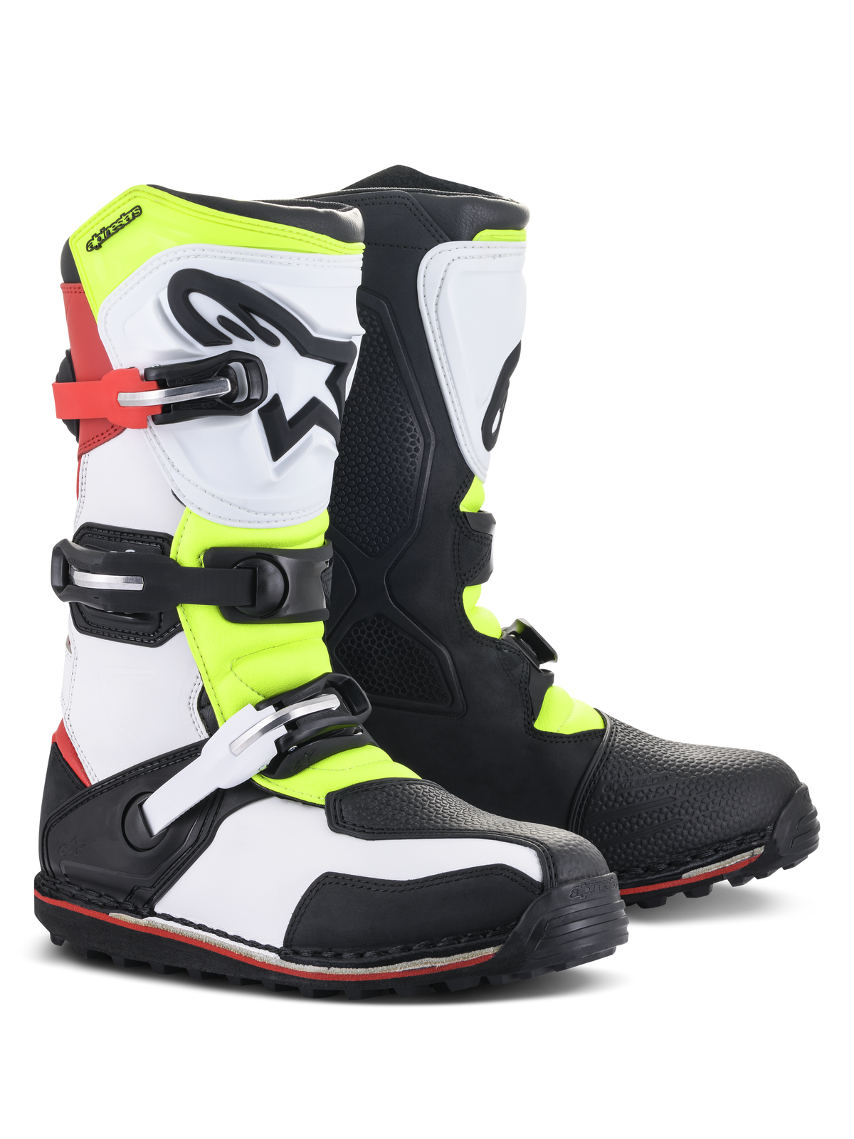 Alpinestars Tech-T Boots, Trials-Motorradstiefel, Weiß, Rot, Fluorgelb und Schwarz, mit ergonomischem Schienbeinschutz mit Stern-Logo, sicheren Schnallenverschlüssen und spezialisierter Sohle für technisches Offroad-Fahren