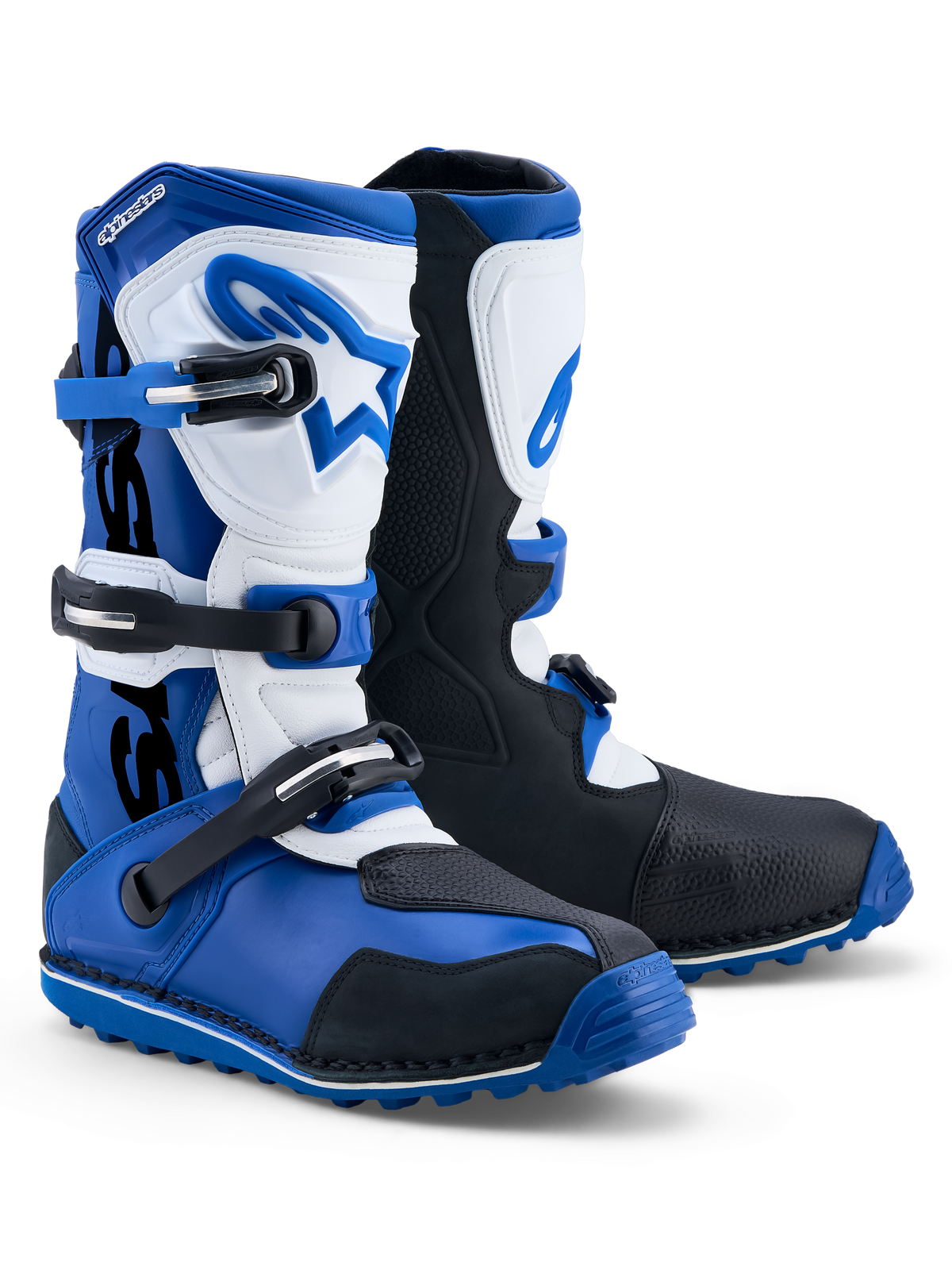 Alpinestars Tech-T Stiefel, Trial-Motorradstiefel für Herren in Blau, Schwarz und Weiß mit Leder und TPU-Schutz.