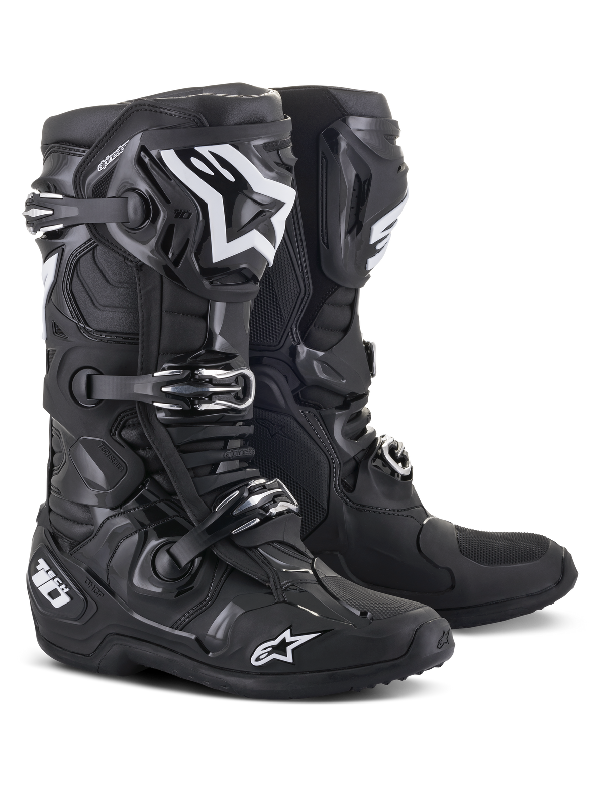 Alpinestars Tech 10 Stiefel, Motocross-Stiefel, Schwarz mit weißen Alpinestars-Logos, Dreifach-Schnallen-Verschlusssystem, robuste TPU-Schale mit verstärktem Knöchelschutz, stromlinienförmiges Design für Hochleistungs-Offroad-Rennsport