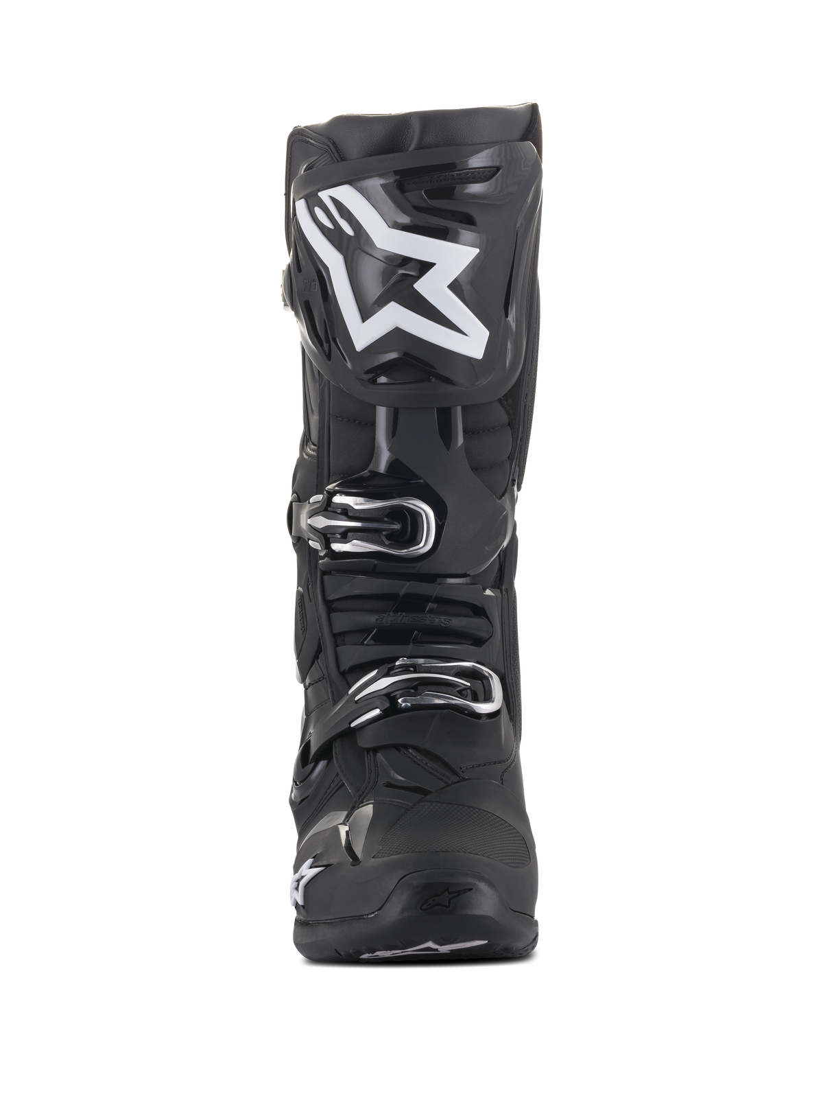 Alpinestars Tech 10 Stiefel, Motocross-Stiefel, Schwarz mit großem weißem Stern-Logo auf dem Schienbein, Vorderansicht, mit silbernen Schnallen und fortschrittlicher TPU-Schalenkonstruktion für Offroad-Schutz.