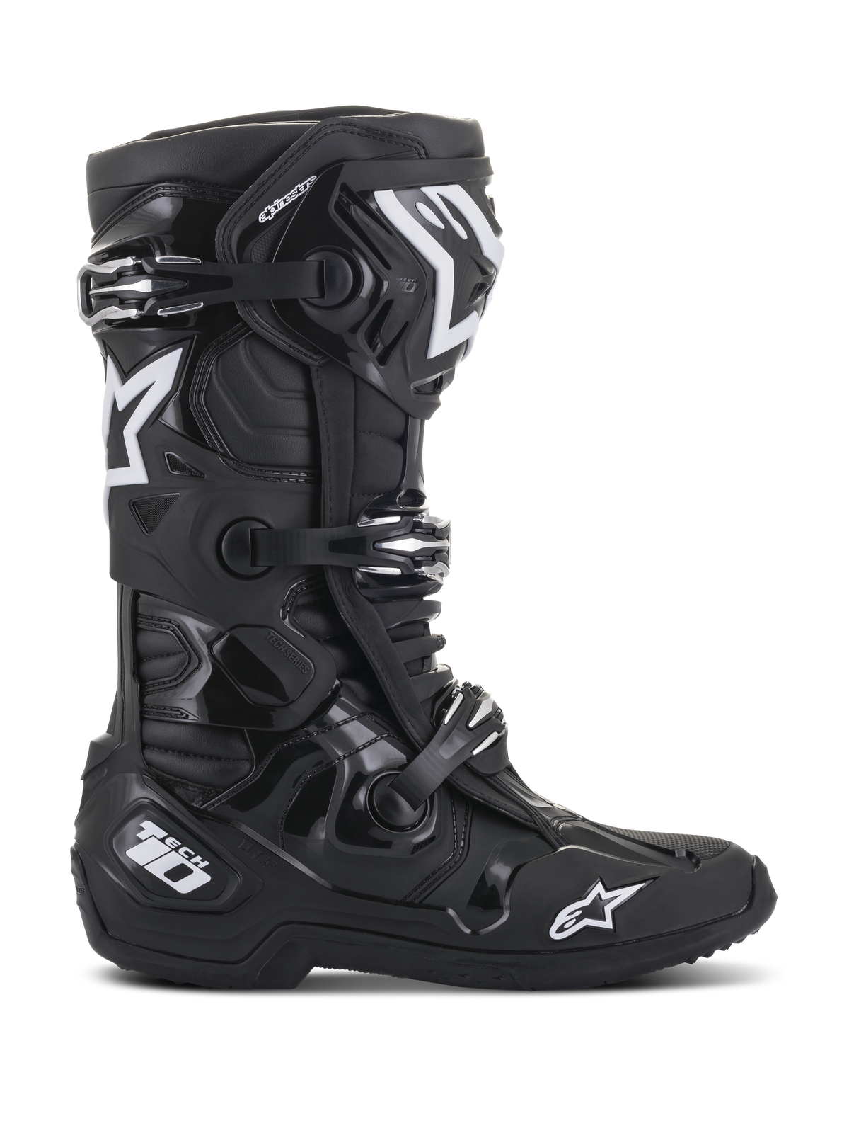 Alpinestars Tech 10 Stiefel, Motocross-Stiefel, Schwarz, Seitenansicht mit weißen Alpinestars Stern-Logos und Tech 10 Branding, Dreifach-Schnallen-Verschlusssystem, robuste TPU-Schale und Mikrofaser-Konstruktion für professionellen Offroad-Rennsport