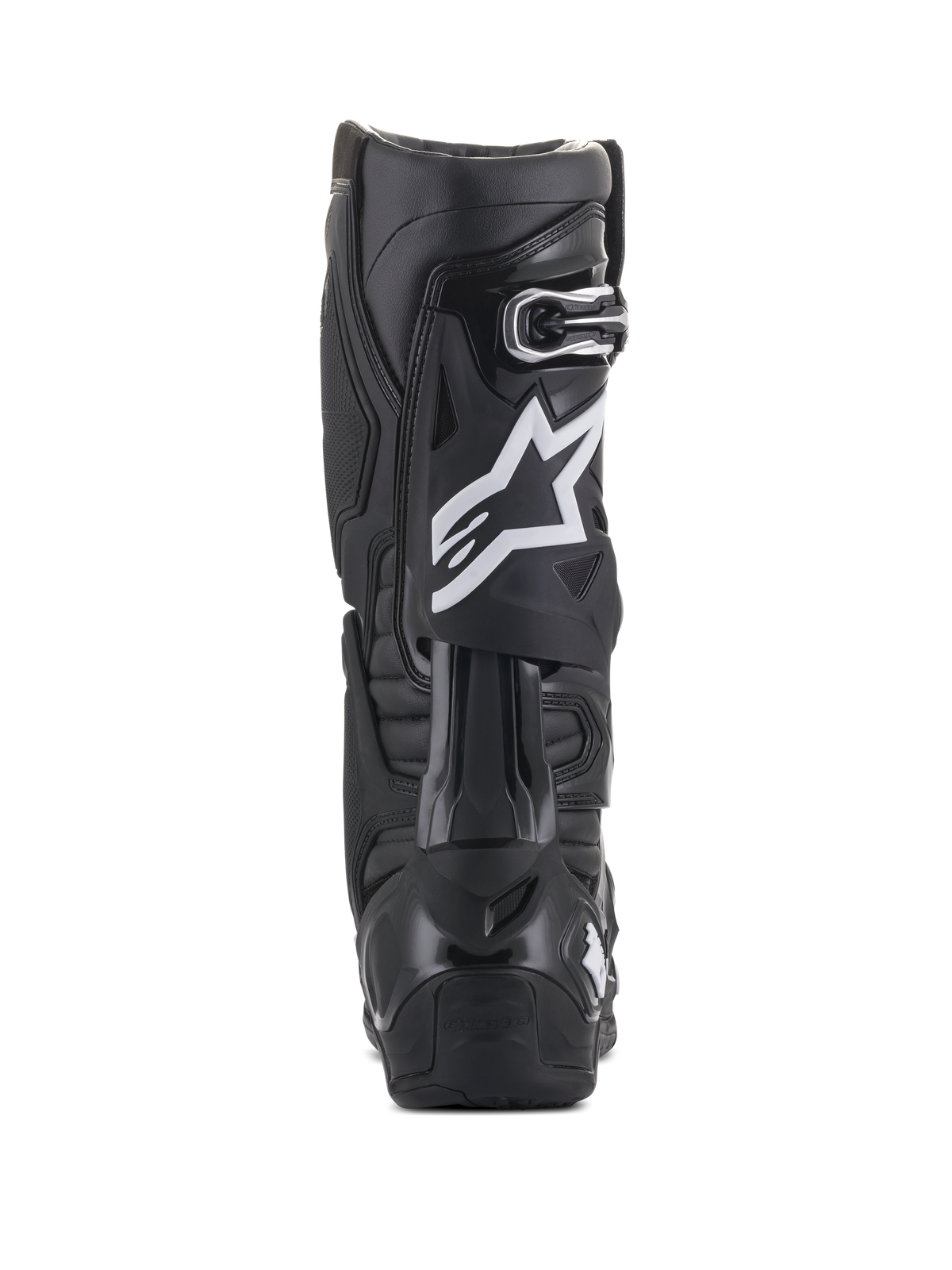 Alpinestars Tech 10 Stiefel, Schwarz, Rückansicht mit weißem Stern-Logo an der Wade, strapazierfähige TPU-Schale und Mikrofaser-Konstruktion, konzipiert für High-Performance-Motocross und Offroad-Einsätze