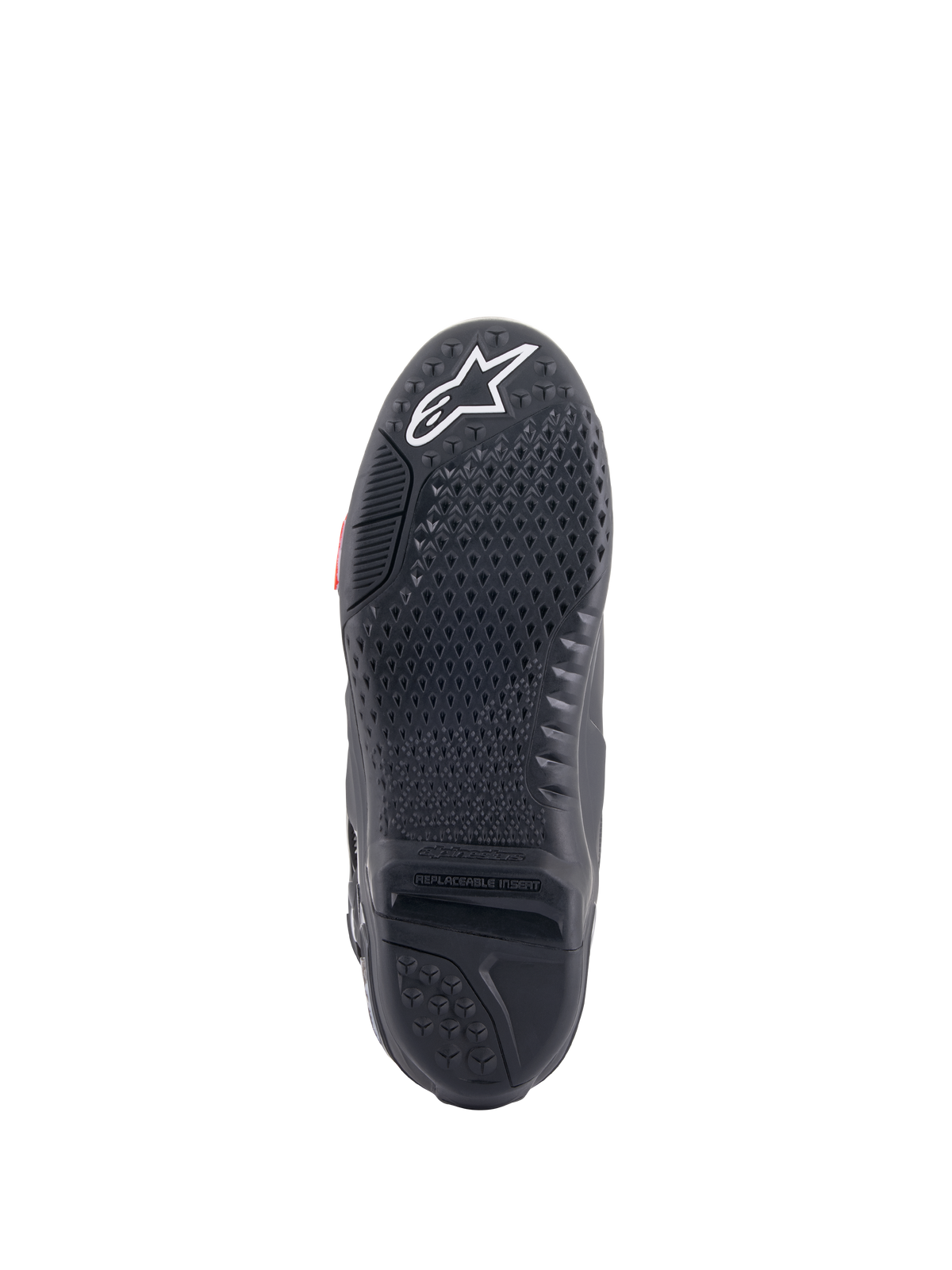 Alpinestars Tech 10 Stiefel, Motocross-Stiefel, Schwarz, Unteransicht der Sohle mit strukturiertem Gripprofil, weißem Stern-Logo an der Zehenpartie und einem austauschbaren zentralen Sohleneinsatz für Offroad-Performance.
