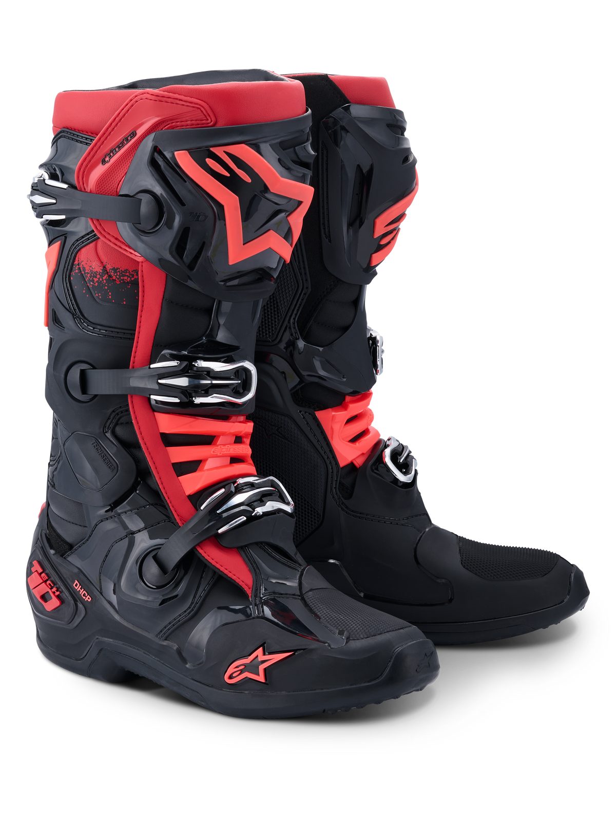Alpinestars Tech 10 Stiefel, Motocross-Stiefel, Schwarz und Rot, mit Dreifach-Schnallen-Verschlusssystem, rotes Alpinestars-Sternlogo auf Schienbein und Zehenbereich, DHCP-Branding an der Ferse, professionelles Schutzdesign für Offroad-Rennsport