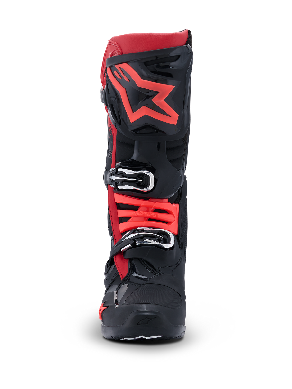 Alpinestars Tech 10 Stiefel, Motocross-Stiefel, Schwarz und Rot, Vorderansicht mit großem rotem Stern-Logo auf der Schienbeinplatte und silbernen Schnallenverschlüssen, fortschrittliche Schutzausrüstung für den Offroad-Rennsport