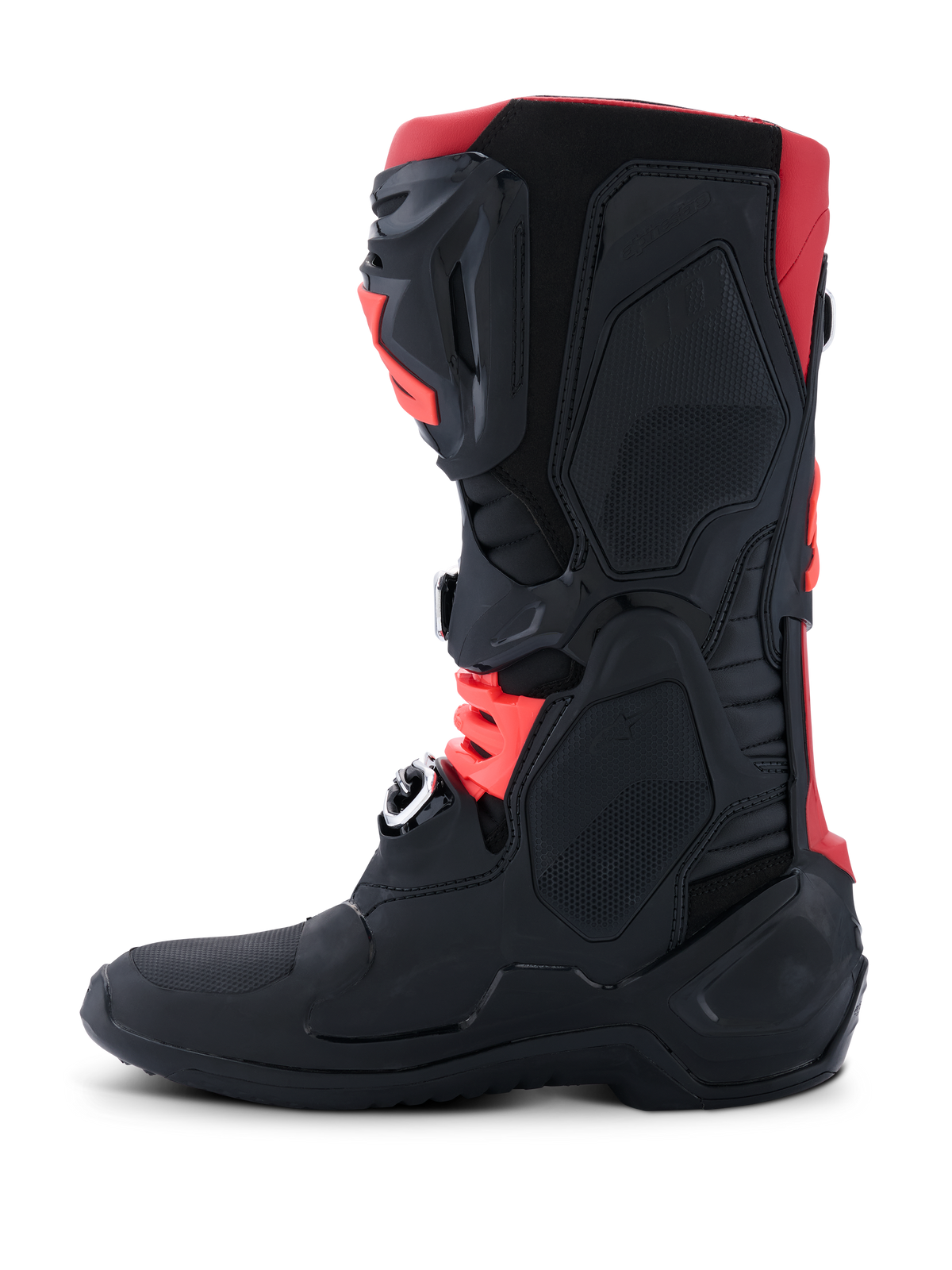 Alpinestars Tech 10 Stiefel, Motocross-Stiefel, Schwarz und Rot, Seitenansicht mit dem schützenden TPU-Chassis, kaltgeschmiedeten Aluminium-Schnallen und stromlinienförmigem Offroad-Design.
