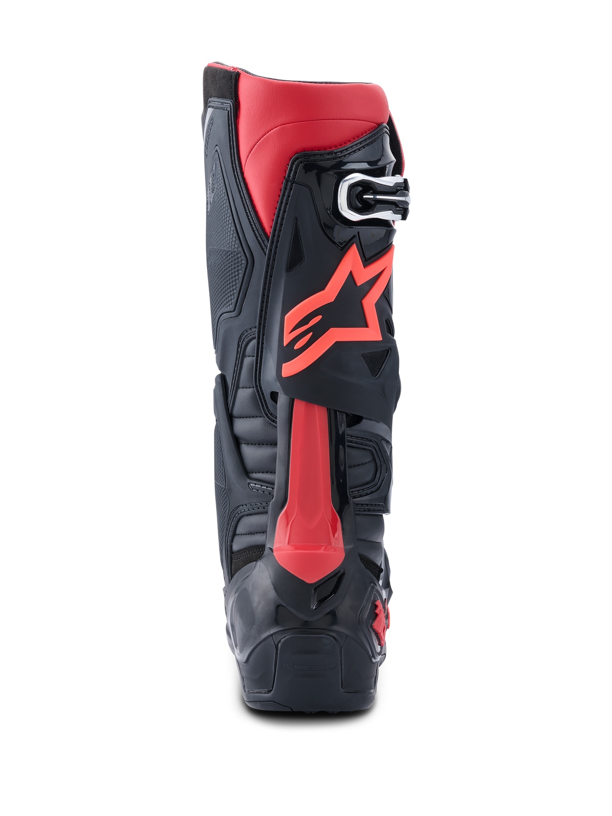 Alpinestars Tech 10 Stiefel, Motocross-Stiefel, Schwarz und Rot, Rückansicht mit rotem Astars-Logo, Dynamic Heel Compression Protector und robustem TPU-Chassis für Hochleistungs-Offroad-Rennsport.