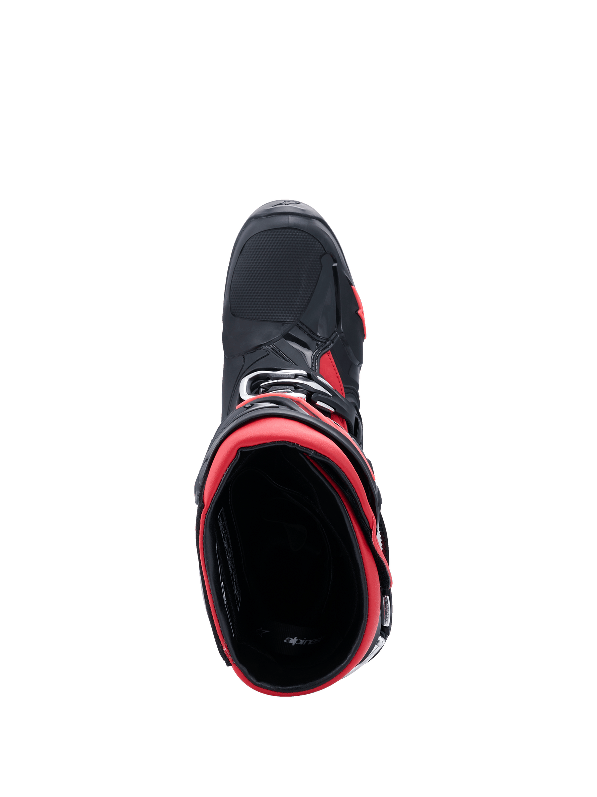 Alpinestars Tech 10 Motocross-Stiefel, Schwarz und Rot, Draufsicht mit Blick in die Stiefelöffnung, zeigt das rote Innenfutter und das schwarze Außenchassis mit roten Akzenten, professionelles Offroad-Design