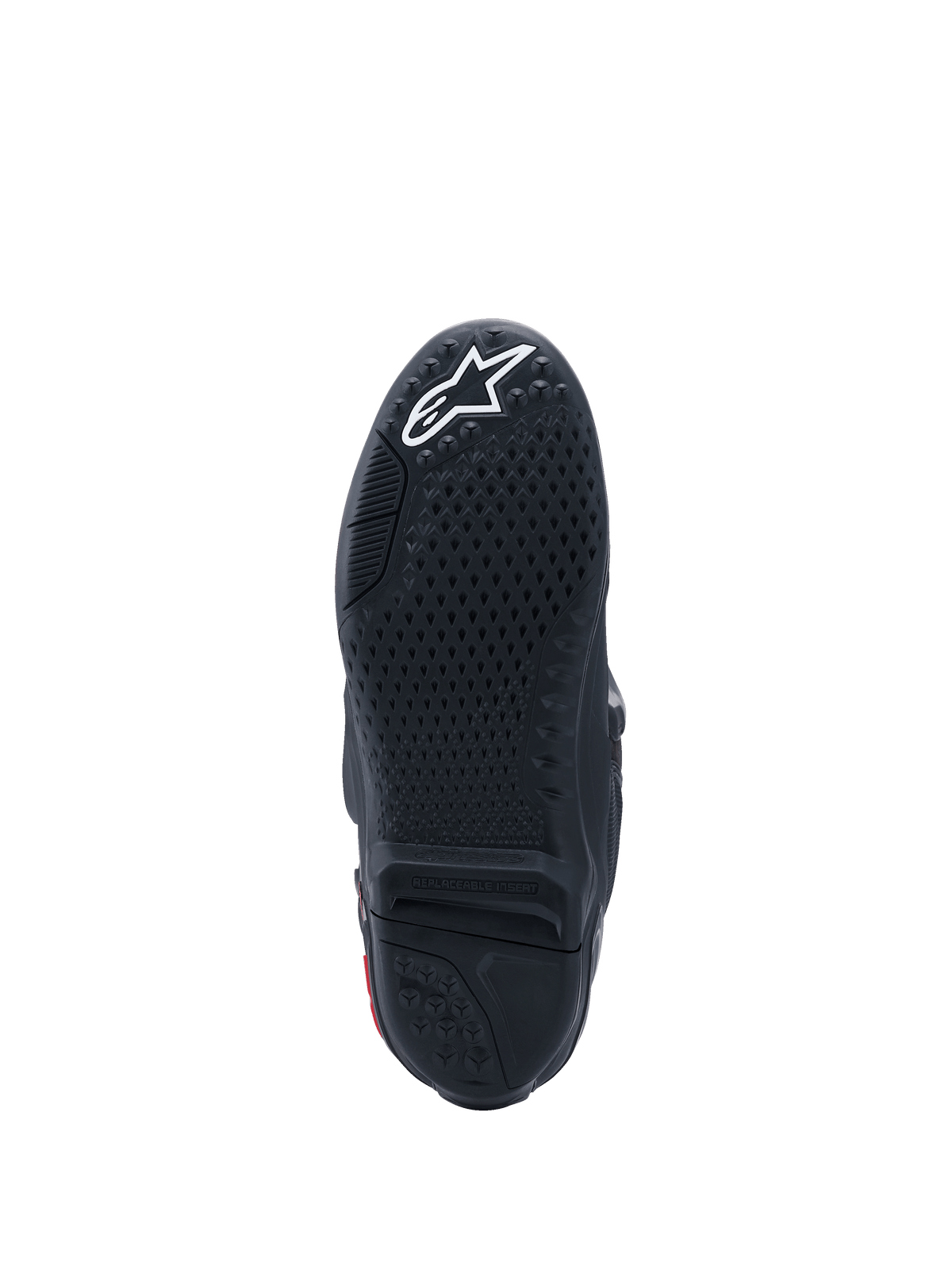 Alpinestars Tech 10 Stiefel, Sohlenansicht, Schwarz mit weißem Logo, strukturiertes Profilmuster, austauschbarer Zentraleinsatz, Hochleistungs-Motocross-Schuhwerk