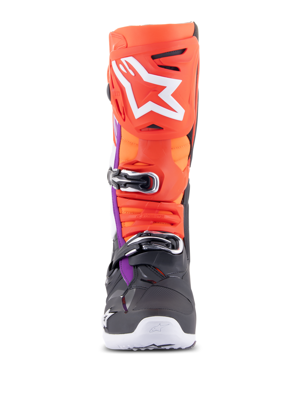 Alpinestars Tech 10 Boots, Motocross Boots, Black, Red Fluo, Orange Fluo, and White with Purple accents, front view showing multi-buckle closure system and large white logo on the shin protector