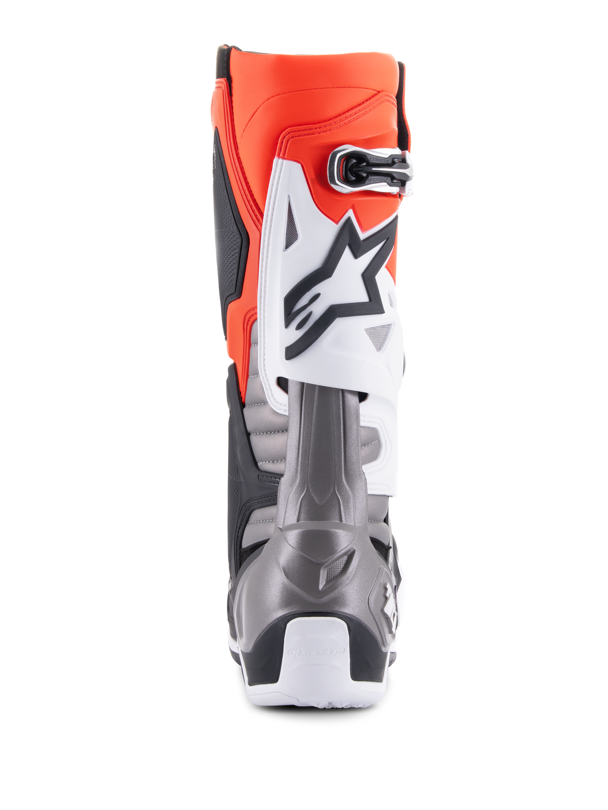 Alpinestars Tech 10 Boots, Motocross Boots, Black Red Fluo Orange Fluo and White, rear view featuring a bright orange upper, white protector plate with black logo, and metallic grey heel section for off-road racing performance