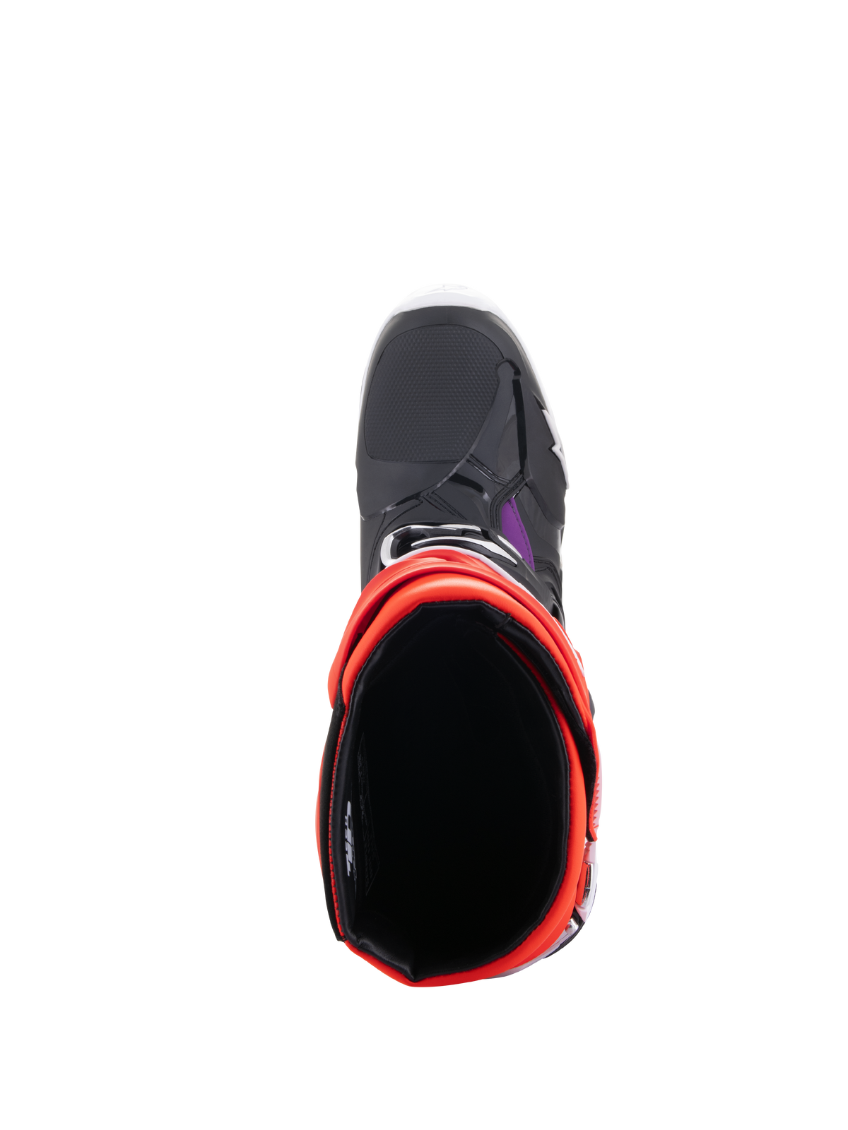 Alpinestars Tech 10 Boots, Motocross Boots, Black Red Fluo Orange Fluo and White, top-down view showing the interior opening and toe box, protective off-road footwear