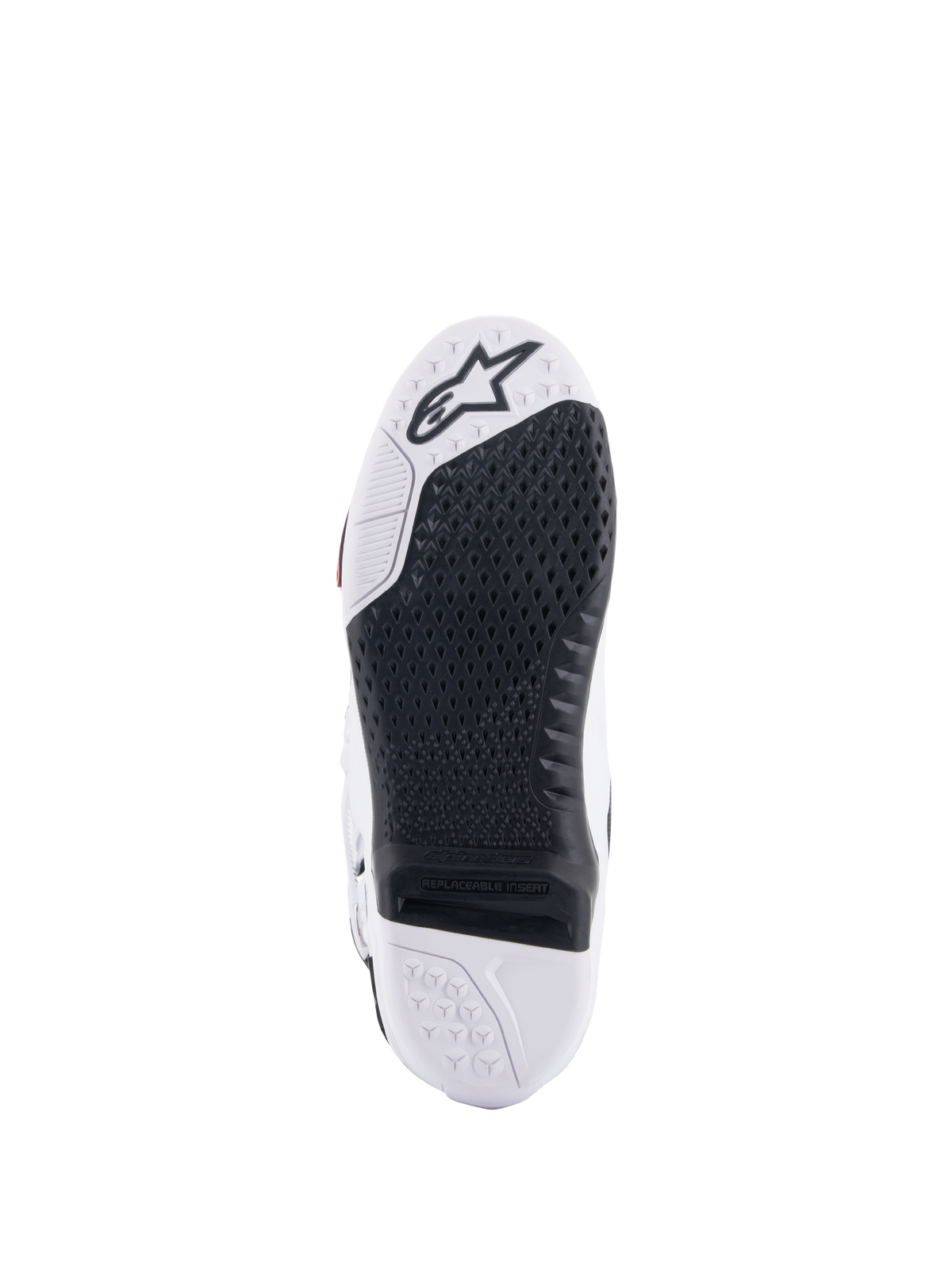 Alpinestars Tech 10 Boots, Motocross Boots, Bottom view showing the black replaceable central insert and white sole, textured grip pattern, Alpinestars star logo on the toe area, durable off-road footwear