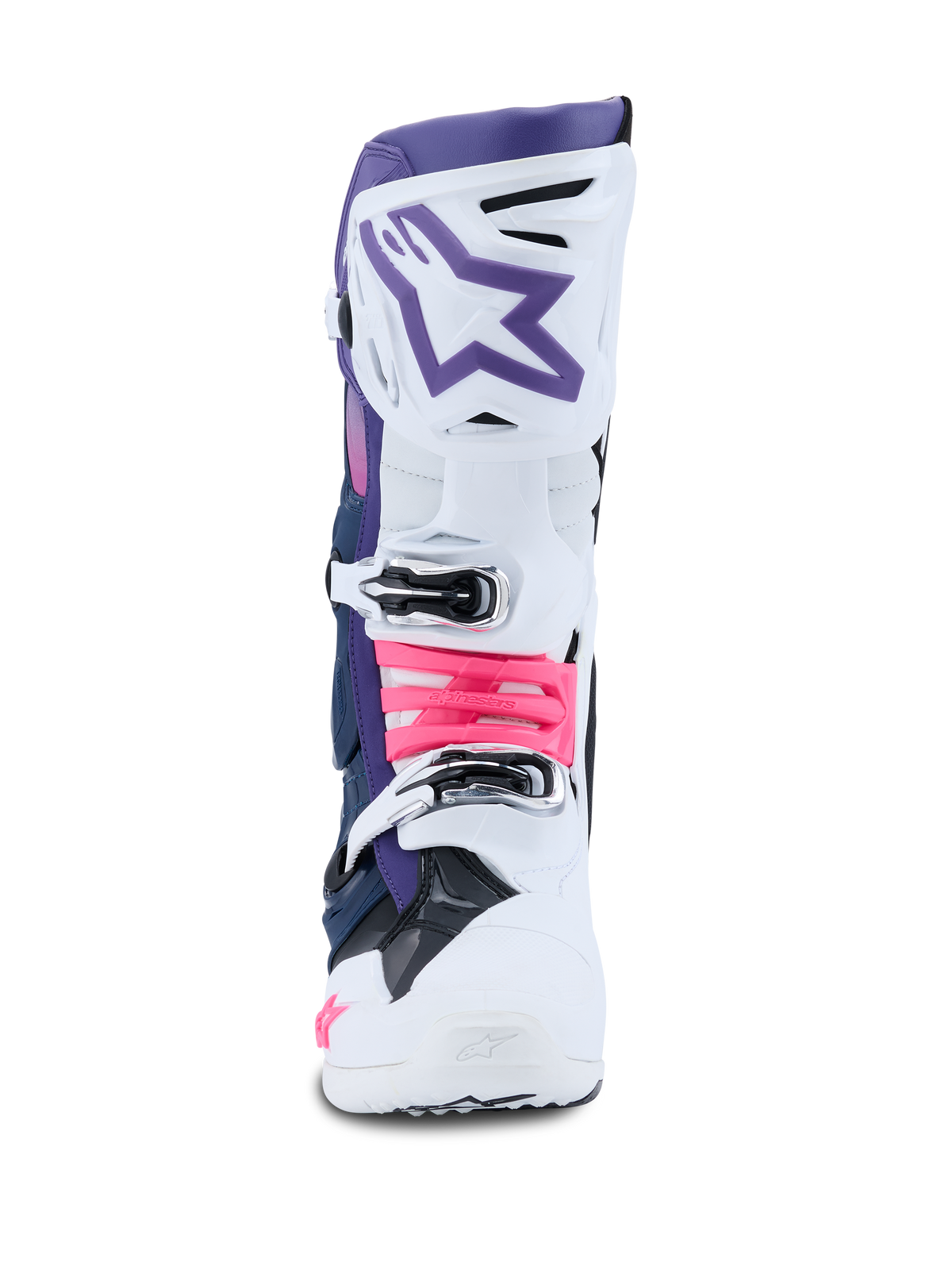 Alpinestars Tech 10 Stiefel, Motocross-Stiefel, Weiß, Violett, Navy-Blau und Pink Fluo, Vorderansicht, mit weißer Schutzschale, violettem Oberteil, lila Stern-Logo und leuchtend pinken Schnallen-Akzenten, professionelle Offroad-Fußbekleidung