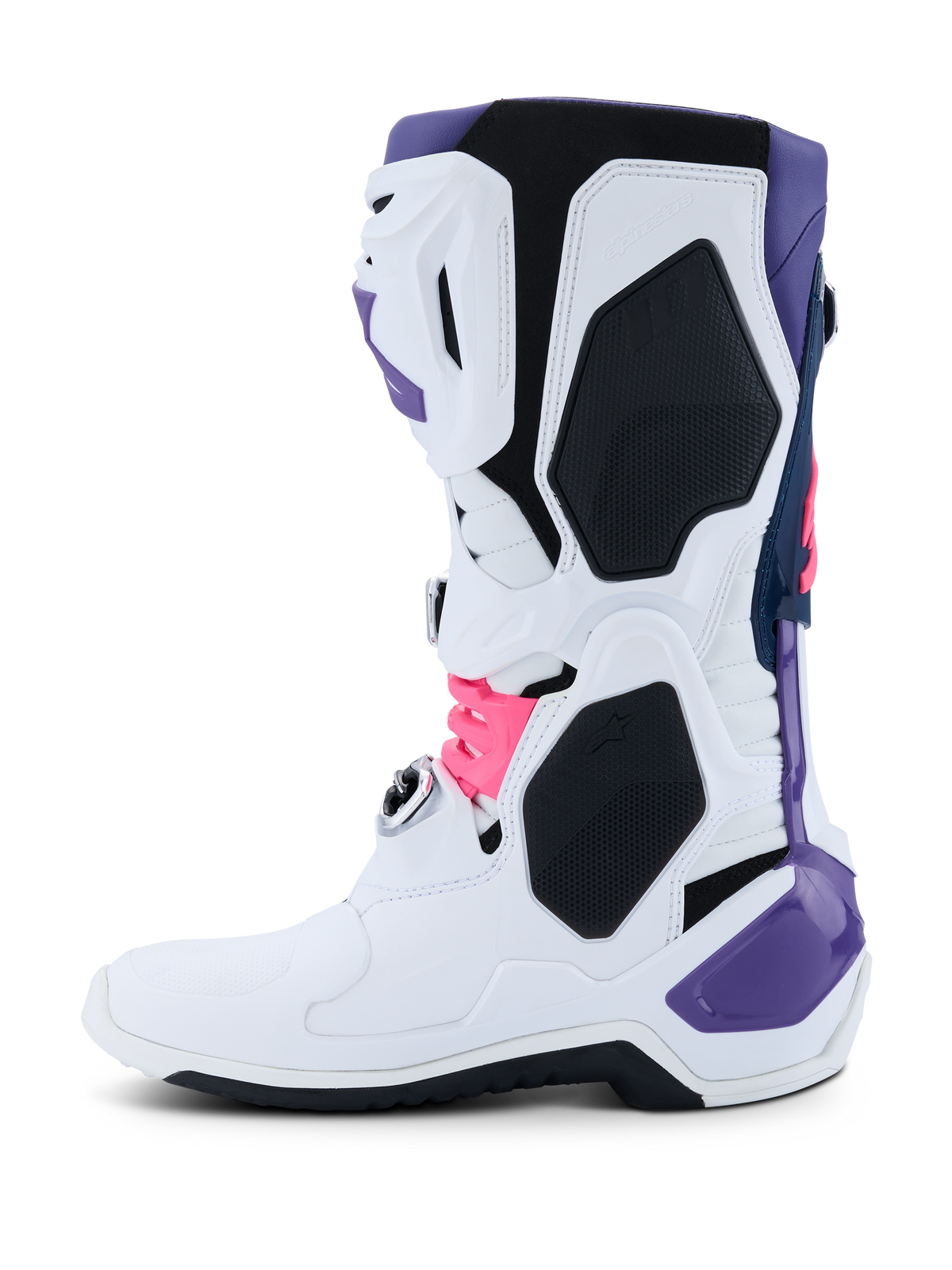 Alpinestars Tech 10 Stiefel, Motocross-Stiefel, Weiß, Violett, Navyblau und Pink Fluo, Seitenprofil mit weißem Hauptchassis sowie violetten, navyblauen und neonpinkfarbenen Akzenten, schützende TPU-Paneele und ein schlankes Design für Offroad-Performance