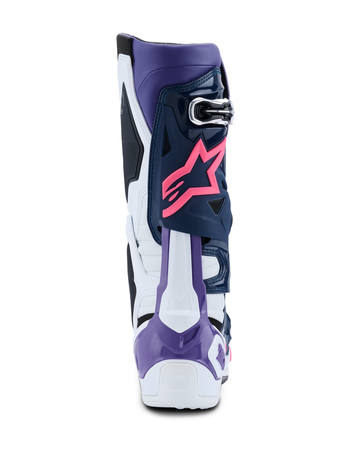 Alpinestars Tech 10 Stiefel, Motocross-Stiefel, Weiß, Violett, Navy-Blau und Pink Fluo, Rückansicht mit pinkfarbenem Alpinestars Stern-Logo, violettem Fersenschutz und hochleistungsfähigen mehrfarbigen Schutzpaneelen