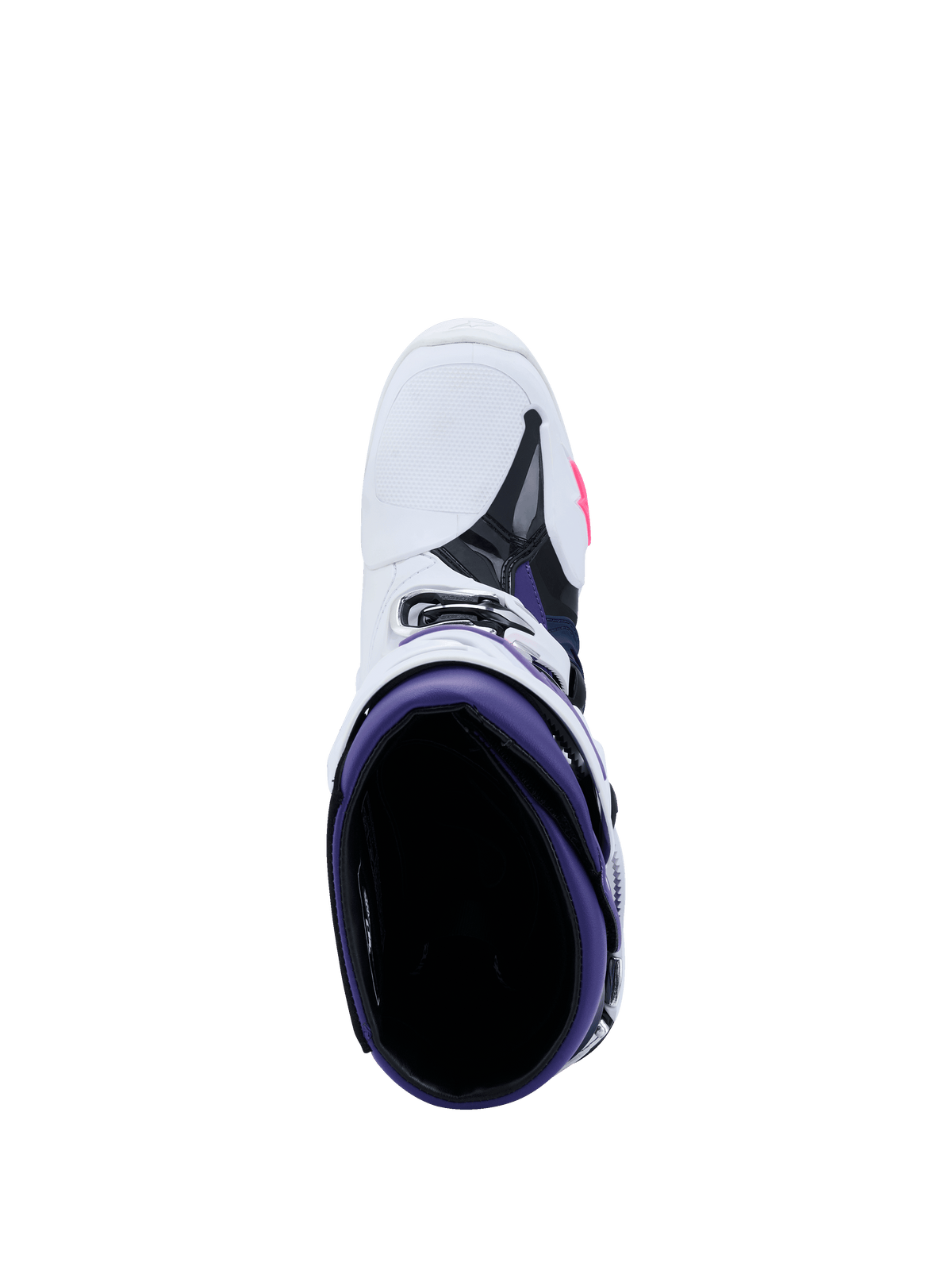 Alpinestars Tech 10 Stiefel, Motocross-Stiefel, Weiß, Violett, Navy-Blau und Pink Fluo, Ansicht von oben mit Blick in das violette Innere, weiße Außenseite mit schwarzen und pinken Akzenten, professionelle Offroad-Rennsport-Fußbekleidung
