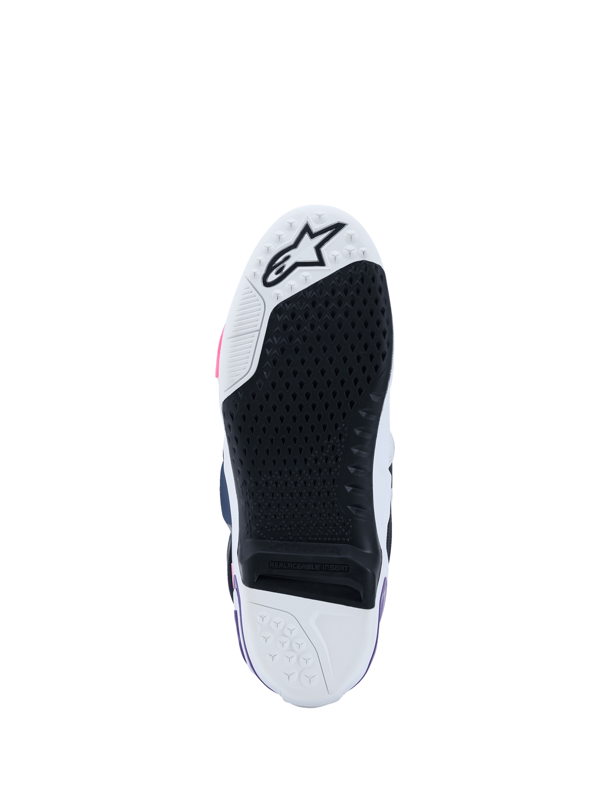 Alpinestars Tech 10 Stiefel, Sohlenansicht, Weiß, Violett, Navy-Blau und Pink Fluo, griffiges schwarzes Gummiprofil mit austauschbarem Mitteleinsatz, weiße Zehen- und Fersenpartie mit Stern-Logo, professionelle Motocross-Stiefel