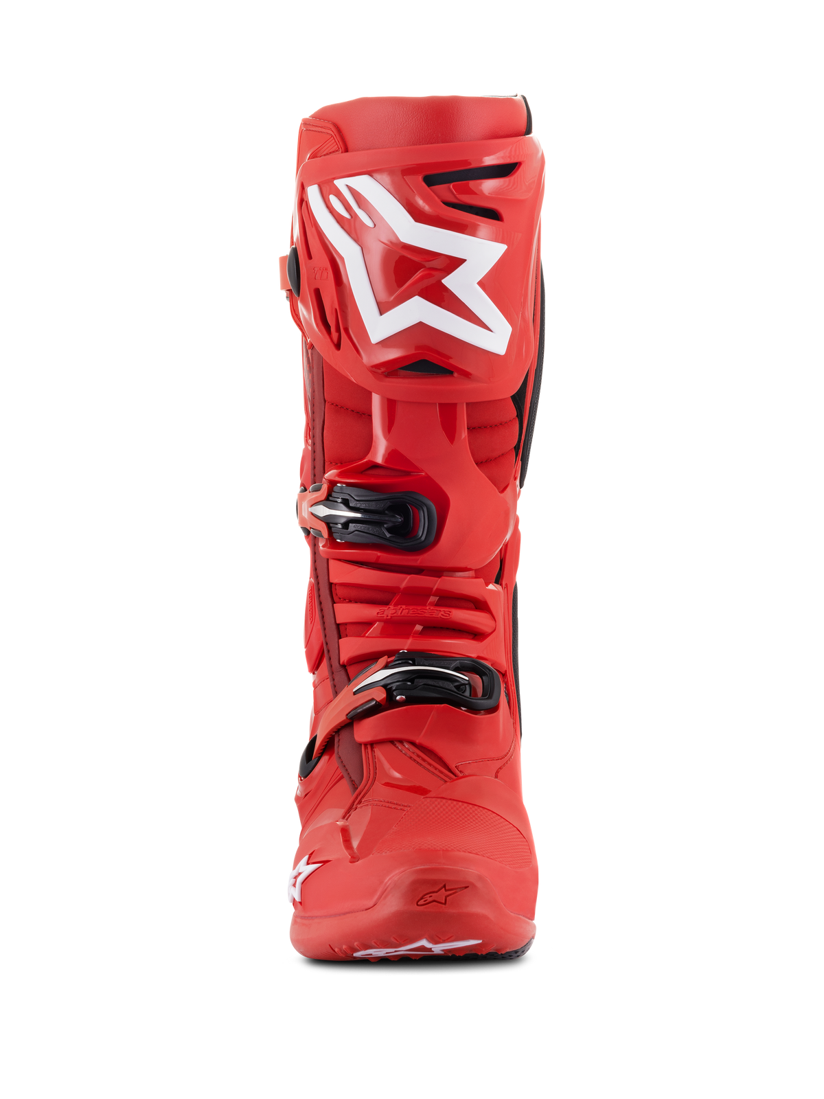 Alpinestars Tech 10 Boots, Motocross Boots, Red, front view featuring a large white Alpinestars logo on the shin plate, black buckle closures, and durable TPU shell for off-road racing performance.