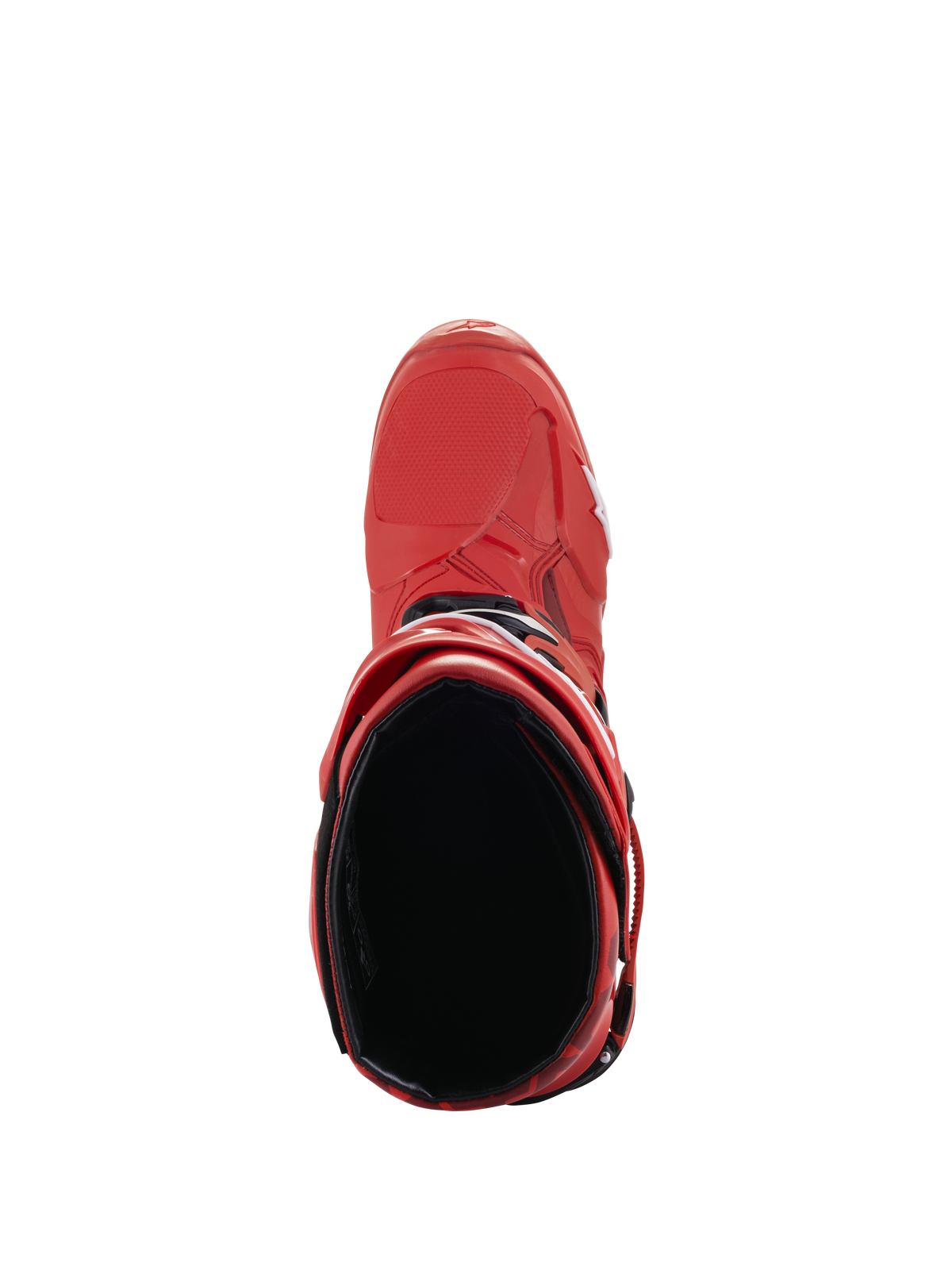 Alpinestars Tech 10 Boots, Red, Top-down view into the boot interior, Motocross Boots, featuring black lining and red TPU shell, professional performance off-road footwear
