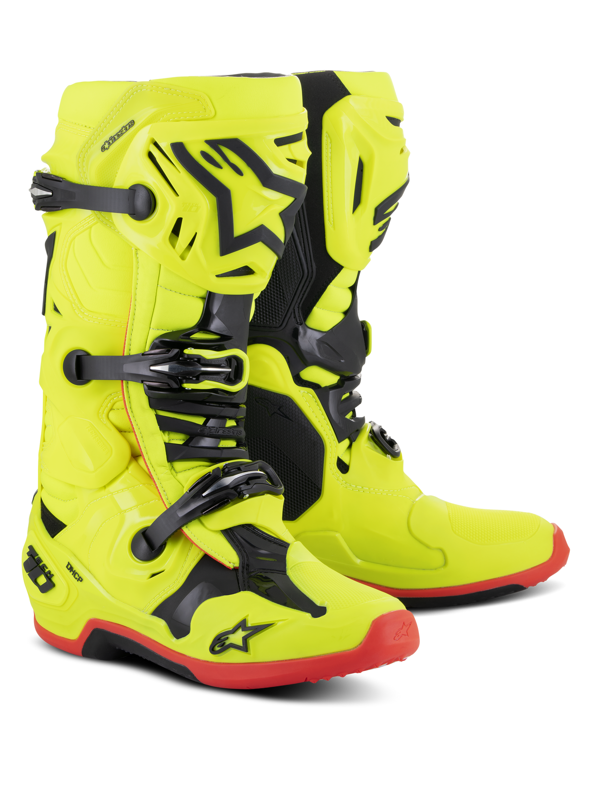 Alpinestars Tech 10 Stiefel, Motocross-Stiefel, Gelb Fluo mit schwarzen und roten Fluo-Akzenten, Dreifach-Schnallen-System, TPU-Schale mit Alpinestars Stern-Logo, rote Sohlen, professionelle Offroad-Rennausrüstung