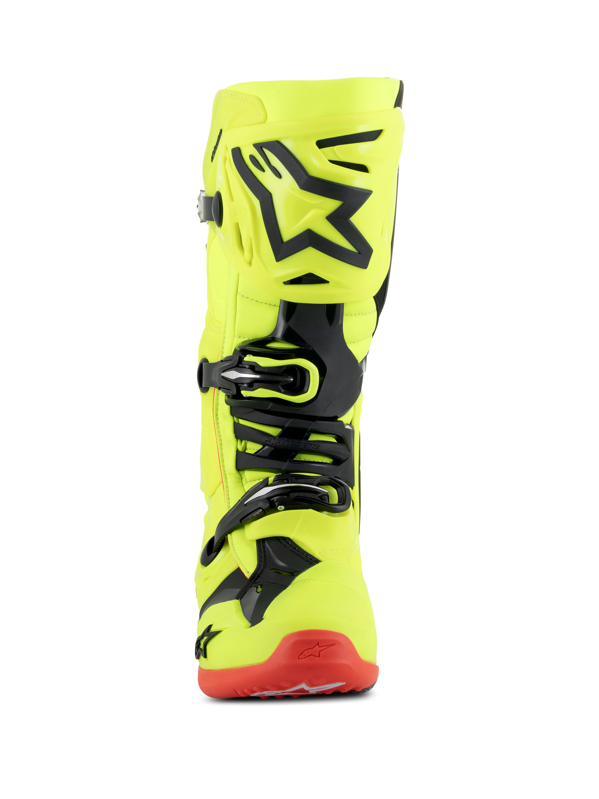 Alpinestars Tech 10 Stiefel, Motocross-Stiefel, Gelb Fluo Schwarz und Rot Fluo, Frontansicht, neongelbes Chassis mit schwarzen TPU-Akzenten und Schnallensystem, rote Sohle, hochwertiges Schuhwerk für den Offroad-Rennsport