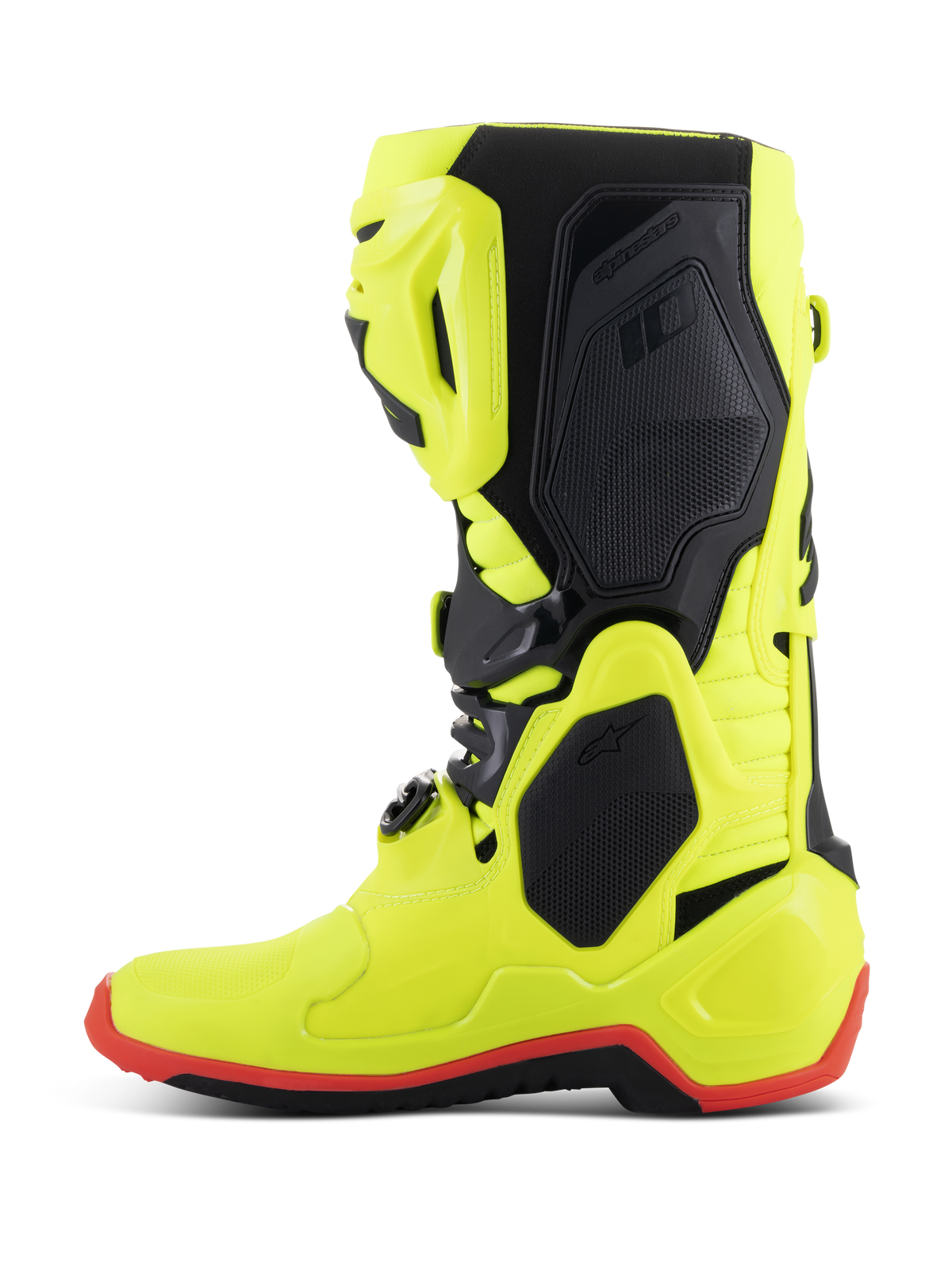 Alpinestars Tech 10 Stiefel, Motocross-Stiefel, Gelb Fluo Schwarz und Rot Fluo, Seitenprofil, leuchtend neongelbe Konstruktion mit schwarzen Schutzpaneelen und roten Fluo-Sohlendetails, Hochleistungsausrüstung für Offroad-Rennsport