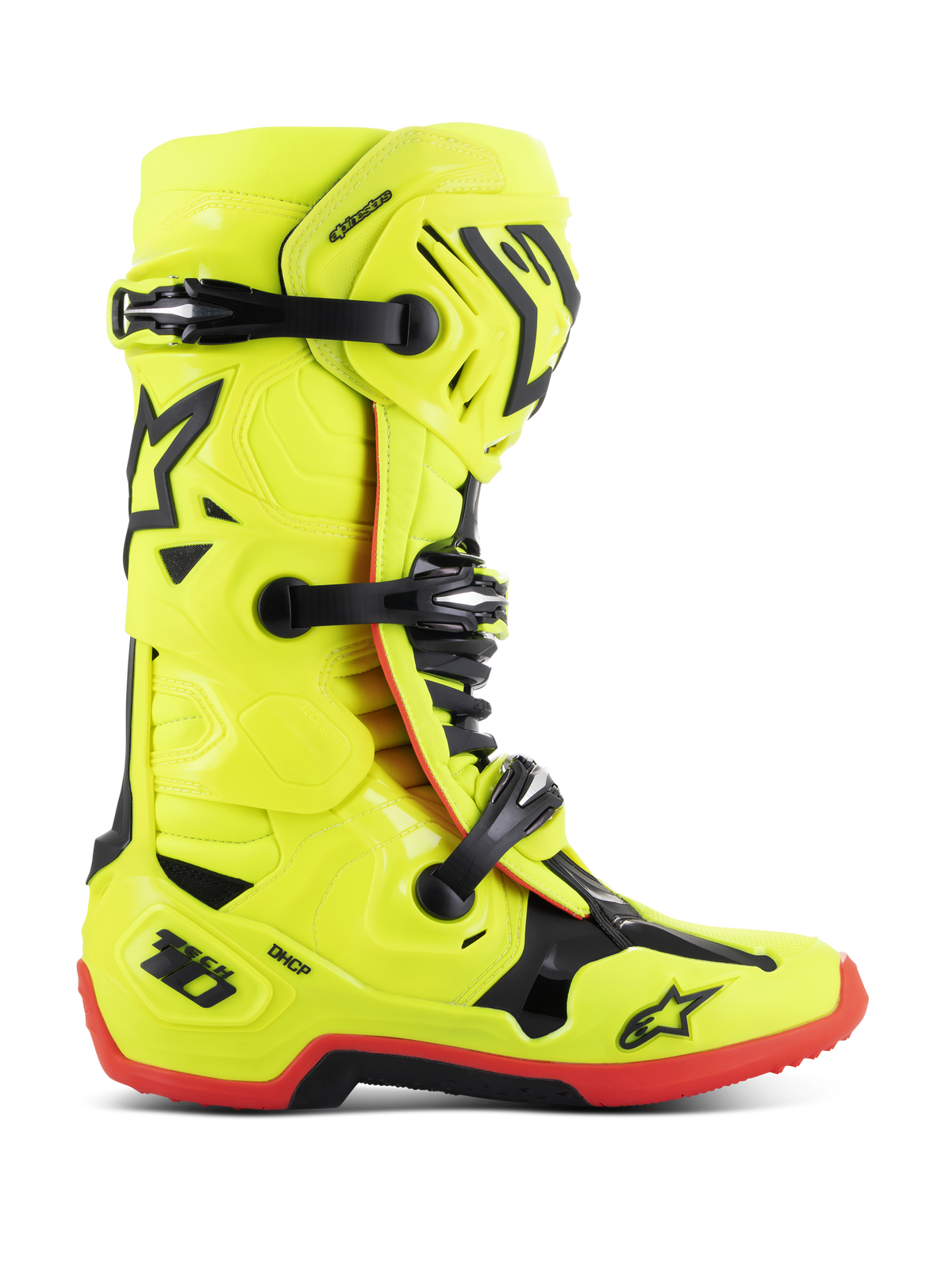 Alpinestars Tech 10 Stiefel, Motocross-Rennstiefel, Gelb Fluo mit schwarzen und roten Akzenten, Seitenansicht mit Dreifach-Schnallenverschluss, verstärkter Schienbeinplatte, roter griffiger Sohle und DHCP-Fersenschutz, professionelle Offroad-Motorradausrüstung