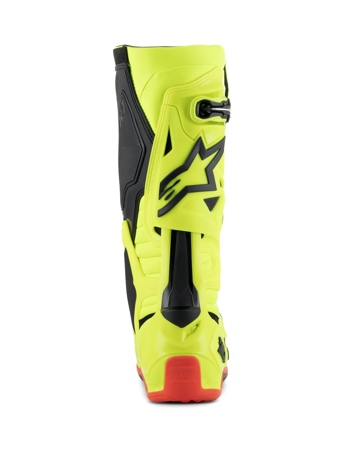 Alpinestars Tech 10 Stiefel, Motocross-Stiefel, Gelb Fluo Schwarz Rot Fluo, Rückansicht mit neongelbem Gehäuse, schwarzen Akzenten und rotem Fersenschutz, professionelles Schuhwerk für den Offroad-Rennsport