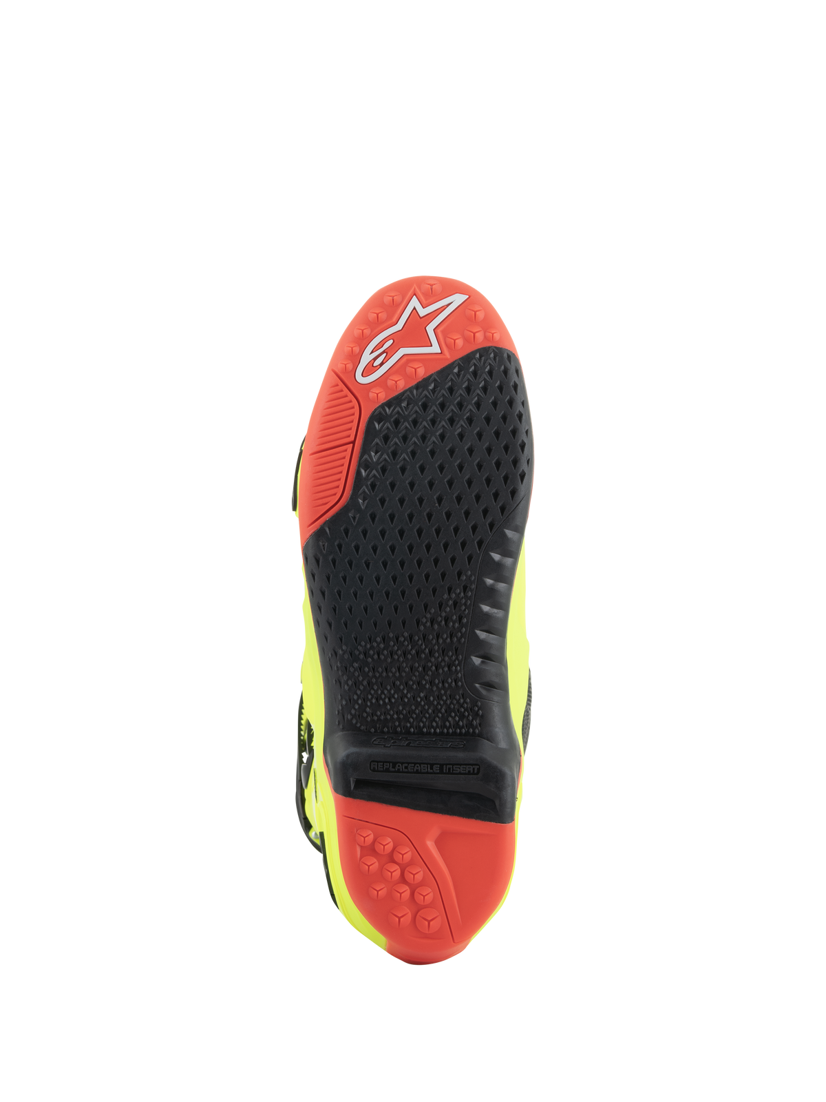 Alpinestars Tech 10 Stiefel, Motocross-Stiefel, Gelb Fluo Schwarz Rot Fluo, Sohlenansicht mit rot-schwarzem Dual-Compound-Material, austauschbarer zentraler Grip-Einsatz und Traktionsstollen für Offroad-Performance.