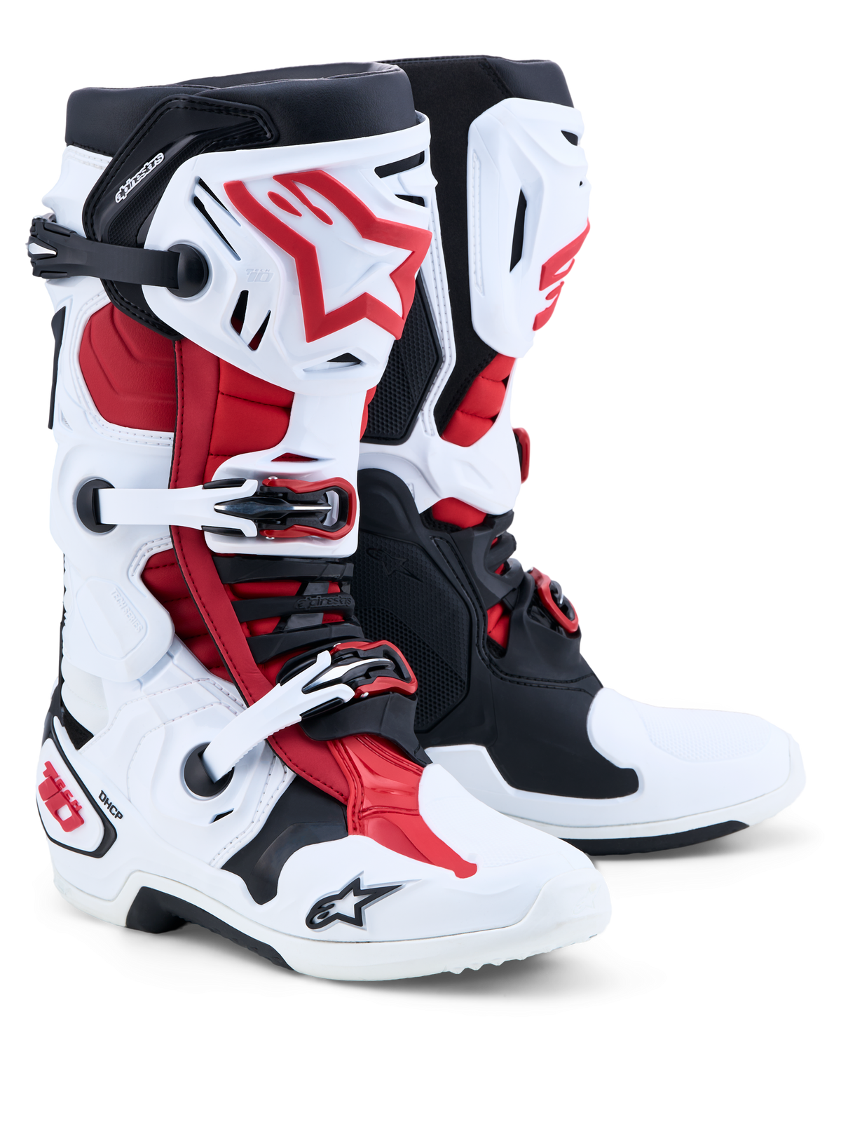Alpinestars Tech-10 Motocross-Stiefel, Weiß, Schwarz und Rot, CE-zertifiziert mit frontalem Flex-Rahmen und TPU-Schale.