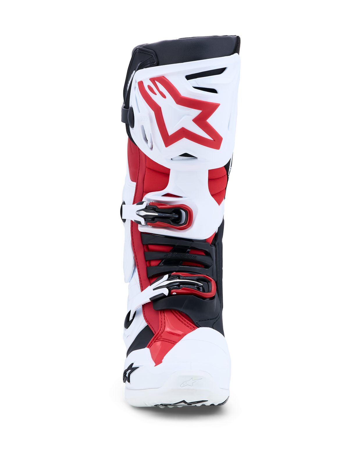 Alpinestars Tech-10 Motocross-Stiefel, Weiß und Rot, CE-zertifiziert, mit Knöchelstütze und robustem TPU-Schutz.