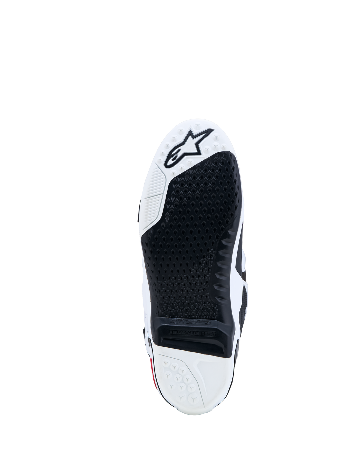 Alpinestars Tech-10 Stiefel, Motocross-Sohle in Schwarz und Weiß mit austauschbarem Gripeinsatz und Sternlogo.