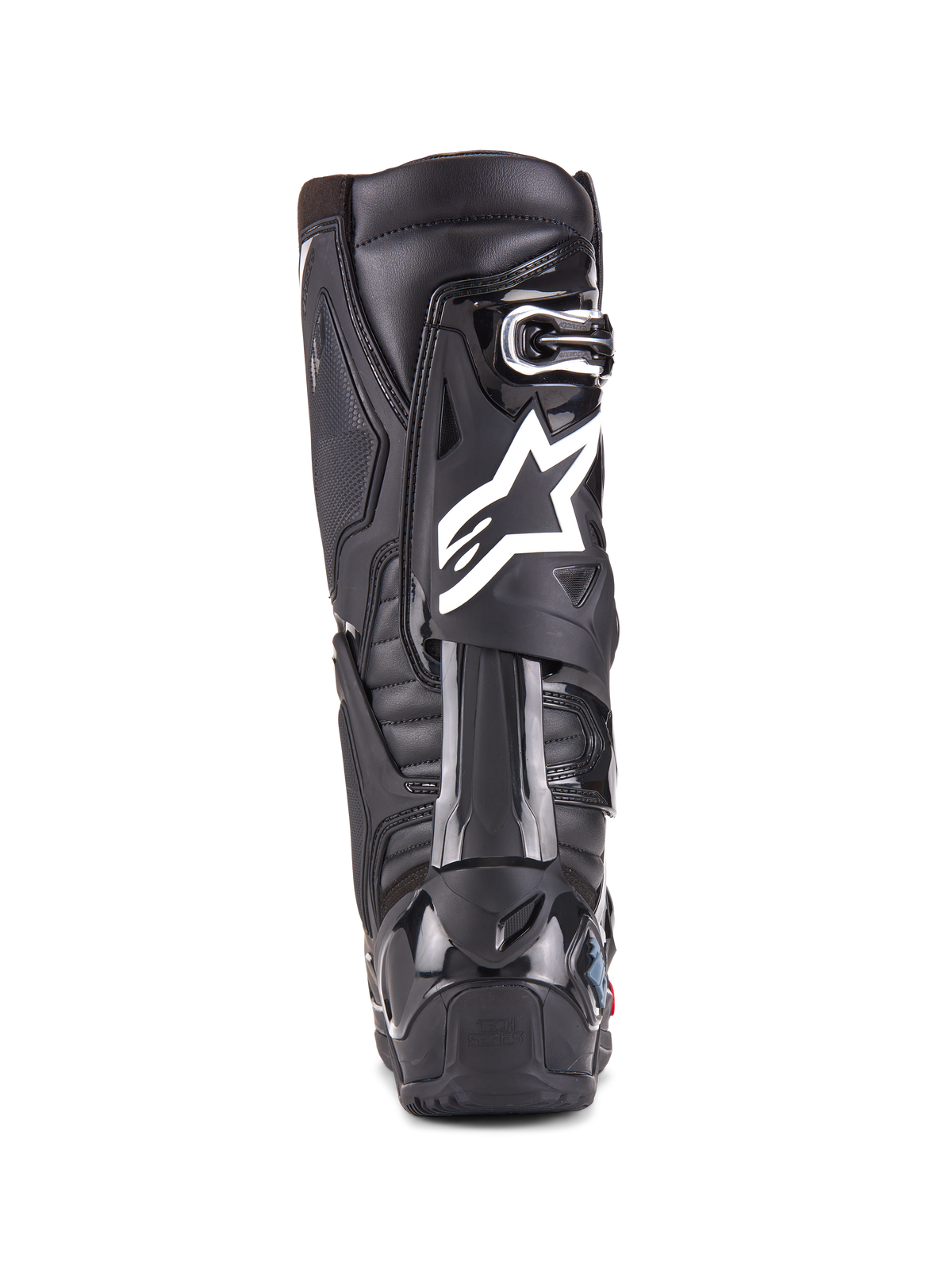 Alpinestars Tech 10 Enduro Stiefel, Schwarz, Rückansicht eines einzelnen Stiefels mit weißem Alpinestars-Logo, strapazierfähigem TPU-Fersenschutz und robustem Enduro-Sohlendesign für den Offroad-Rennsport