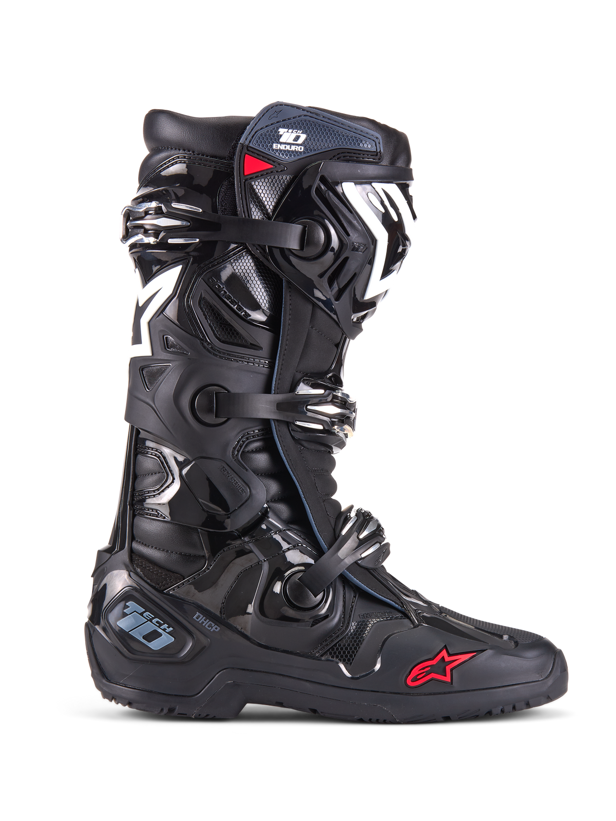 Alpinestars Tech 10 Enduro Stiefel, Motocross-Geländestiefel, Schwarz mit weißen und roten Akzenten, Dreifach-Schnallenverschluss-System, schützender TPU-Schienbeinschutz und Fersenplatte, robuste Enduro-Sohle, ikonisches Stern-Logo, Premium-Rennschutz