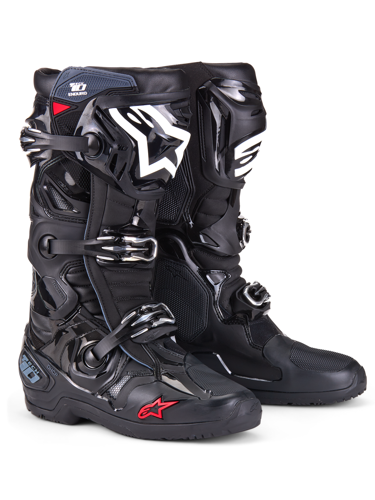 Alpinestars Tech 10 Enduro-Stiefel, Motocross-Stiefel, Schwarz mit weißem Schienbein-Logo und kleinem roten Stern-Detail, mit dreifachem Schnallenverschlusssystem, strapazierfähiger TPU-Verstärkung und spezieller Enduro-Sohle für Offroad-Rennen