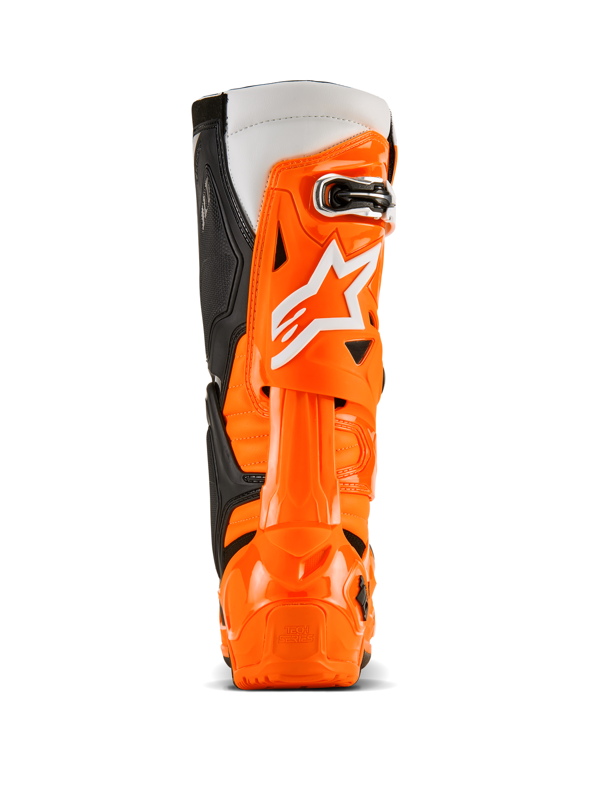 Alpinestars Tech 10 Enduro Stiefel, Rückansicht, Orange Fluo Schwarz Weiß, leuchtend orangefarbene TPU-Schutzschale, weißes Alpinestars-Logo, schwarze Seitenpanele und spezieller Fersenschutz für Offroad-Fahrten