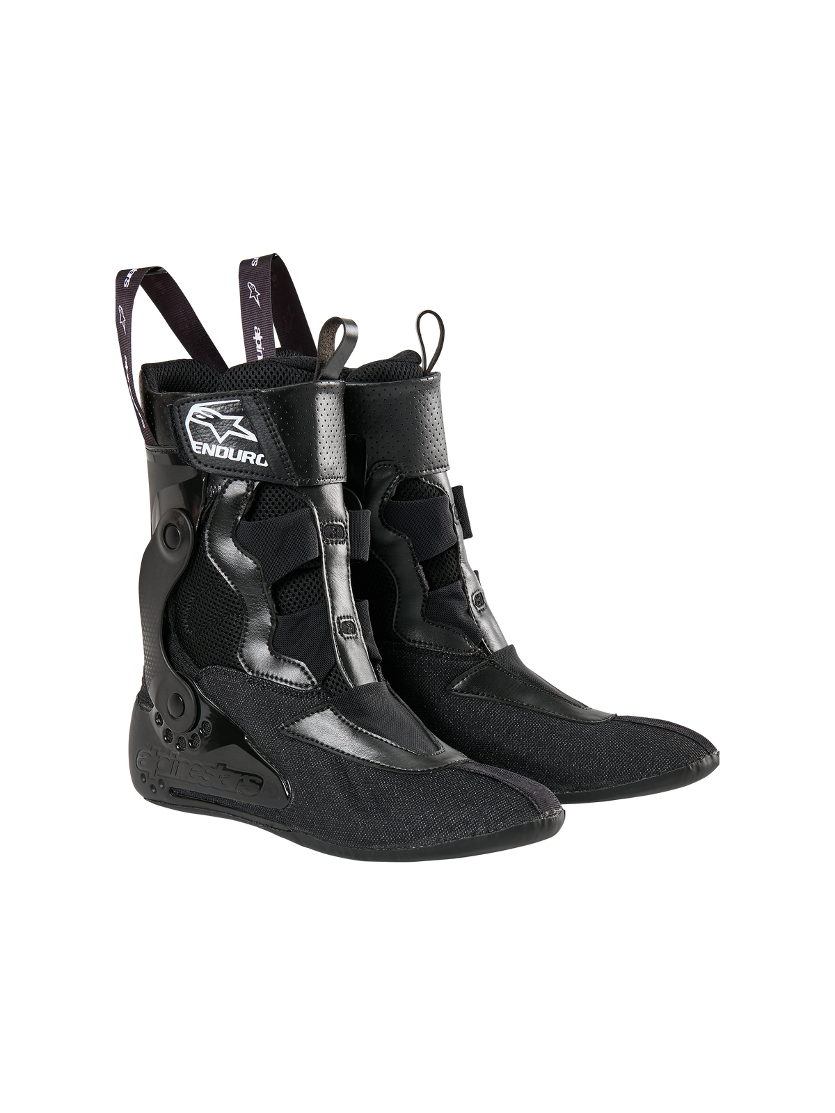 Alpinestars Tech 10 Enduro Innenschuhe, Schwarz, atmungsaktives Mesh mit verstärkten Synthetik-Einsätzen, mit Marken-Zuglaschen und weißem „Enduro“-Logo, spezialisiertes internes Stützsystem für Motocross- und Enduro-Rennstiefel.