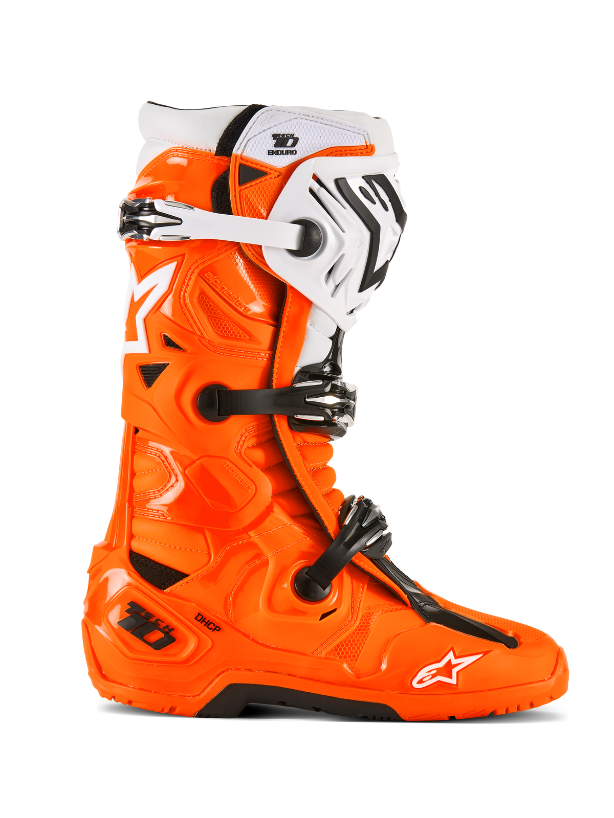 Alpinestars Tech 10 Enduro Stiefel, Motocross-Geländestiefel, Orange Fluo mit schwarzen und weißen Akzenten, Seitenansicht mit dreifachem Schnallenverschlusssystem, robuste schwarze Sohle, schützende TPU-Konstruktion für den Enduro-Einsatz