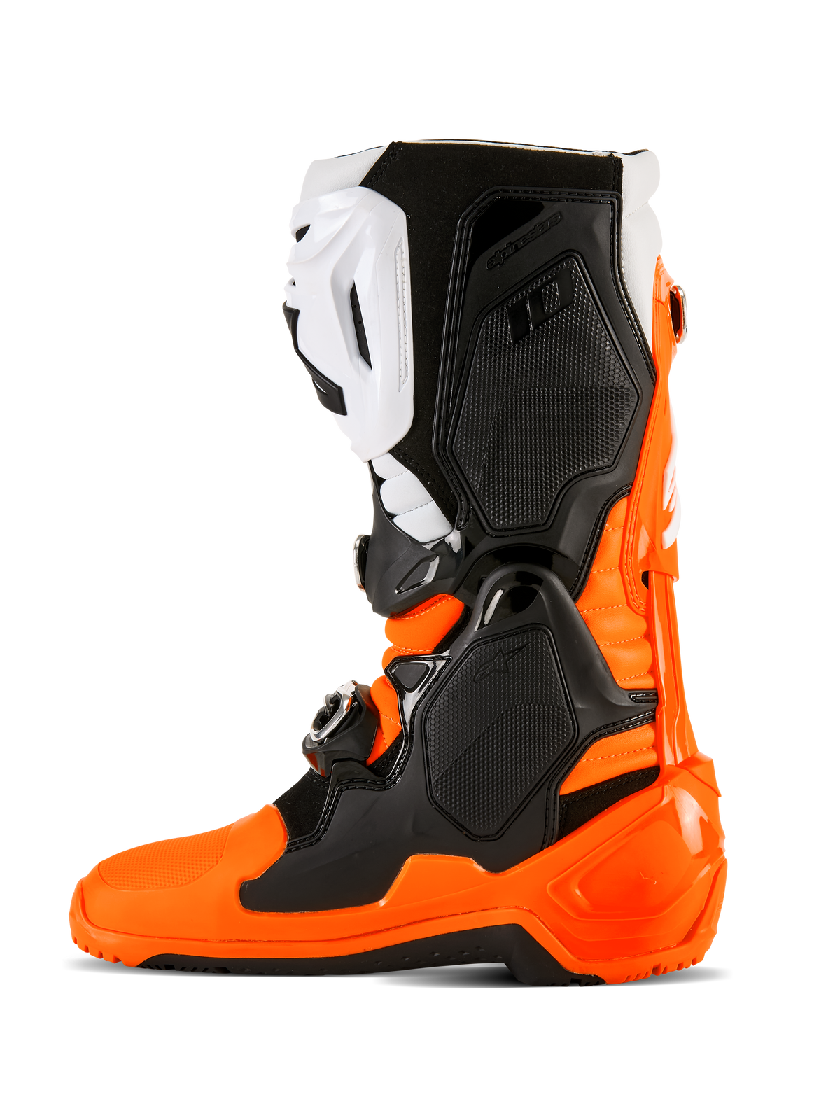 Alpinestars Tech 10 Enduro Stiefel, Orange Fluo Schwarz und Weiß, Hochleistungs-Motocross- und Offroad-Schuhe, Dreifach-Schnallenverschlusssystem, schützende TPU-Paneele, spezielle Enduro-Dual-Compound-Sohle für verbesserten Grip