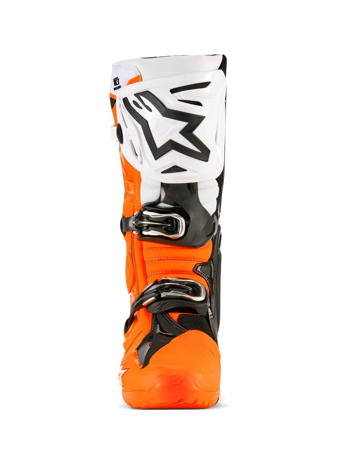 Alpinestars Tech 10 Enduro Stiefel, Motocross-Stiefel, Fluorange, Schwarz und Weiß, Vorderansicht mit großer weißer Schienbeinplatte mit schwarzem Alpinestars-Logo, schwarzen Schnallen und robuster orangefarbener Schutzschale.
